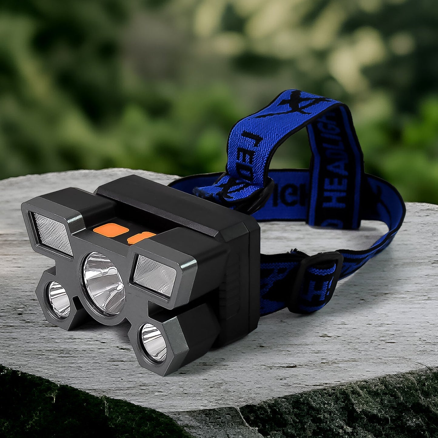 Front view of the Indo Glow USB Rechargeable Headlamp with 5 bright LEDs.