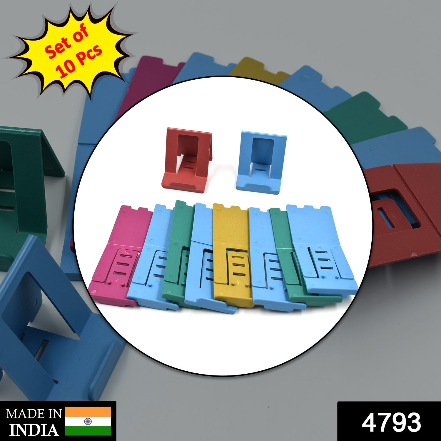 Set of 10 adjustable mobile stands, neatly stacked for home or office use.