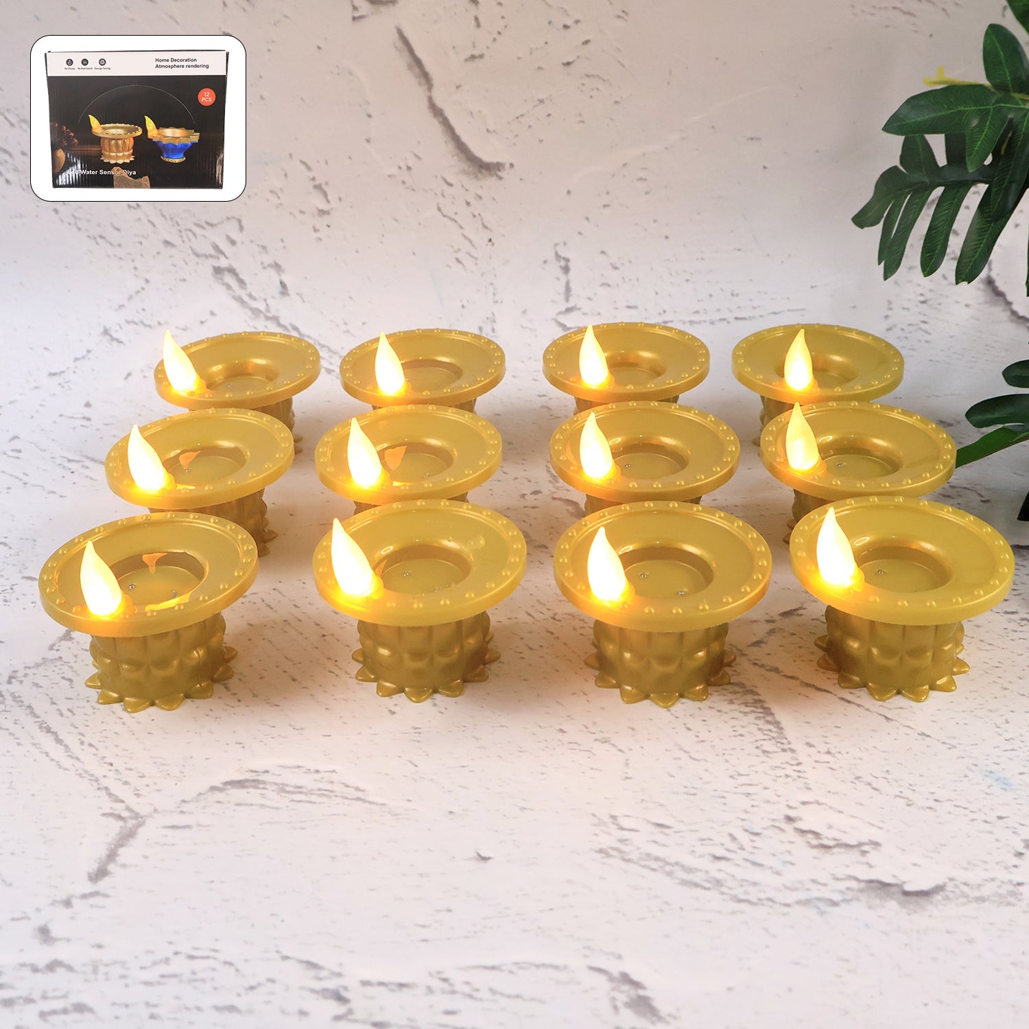 Set of 12 water sensor LED golden diyas glowing softly