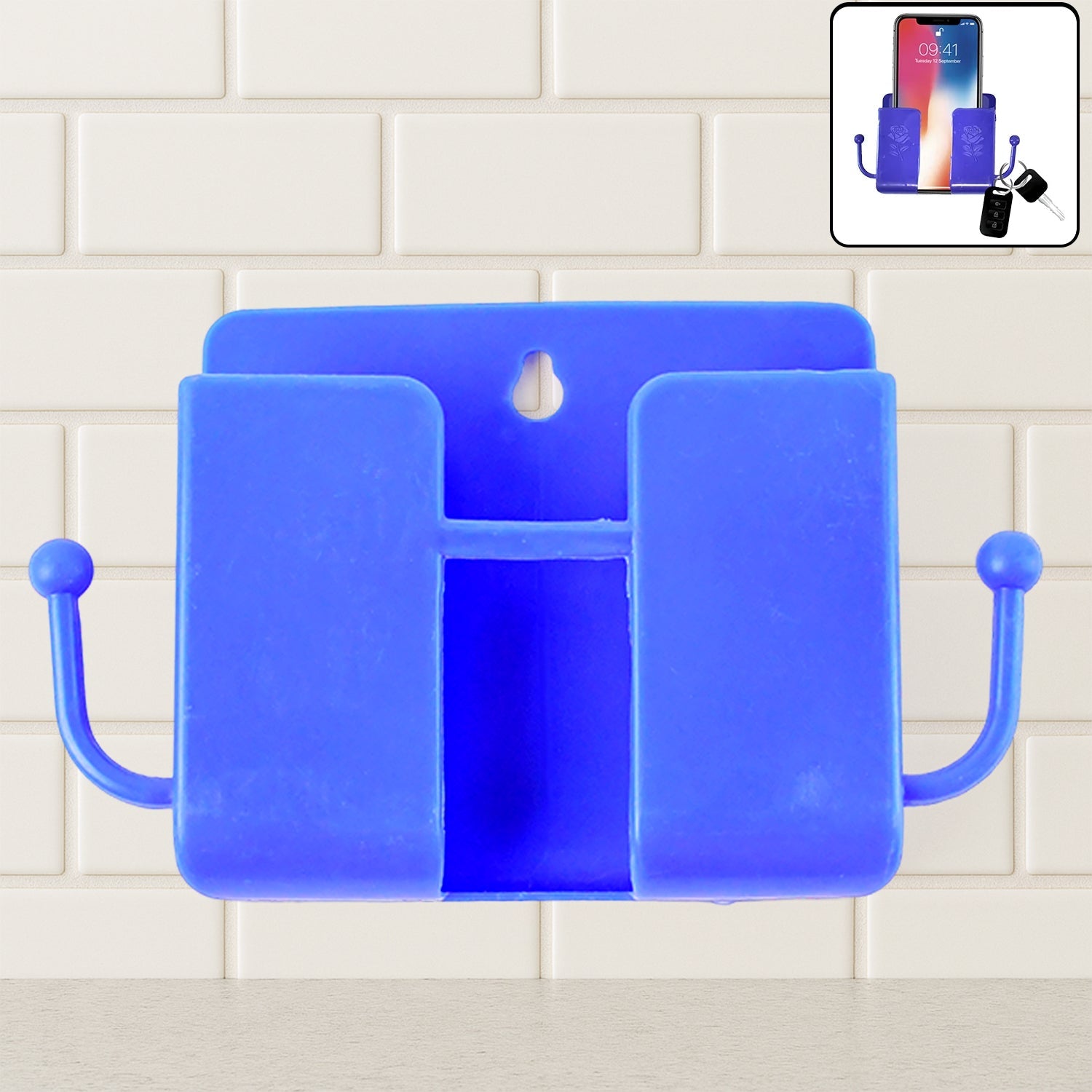 Blue wall mount mobile stand holding a phone securely