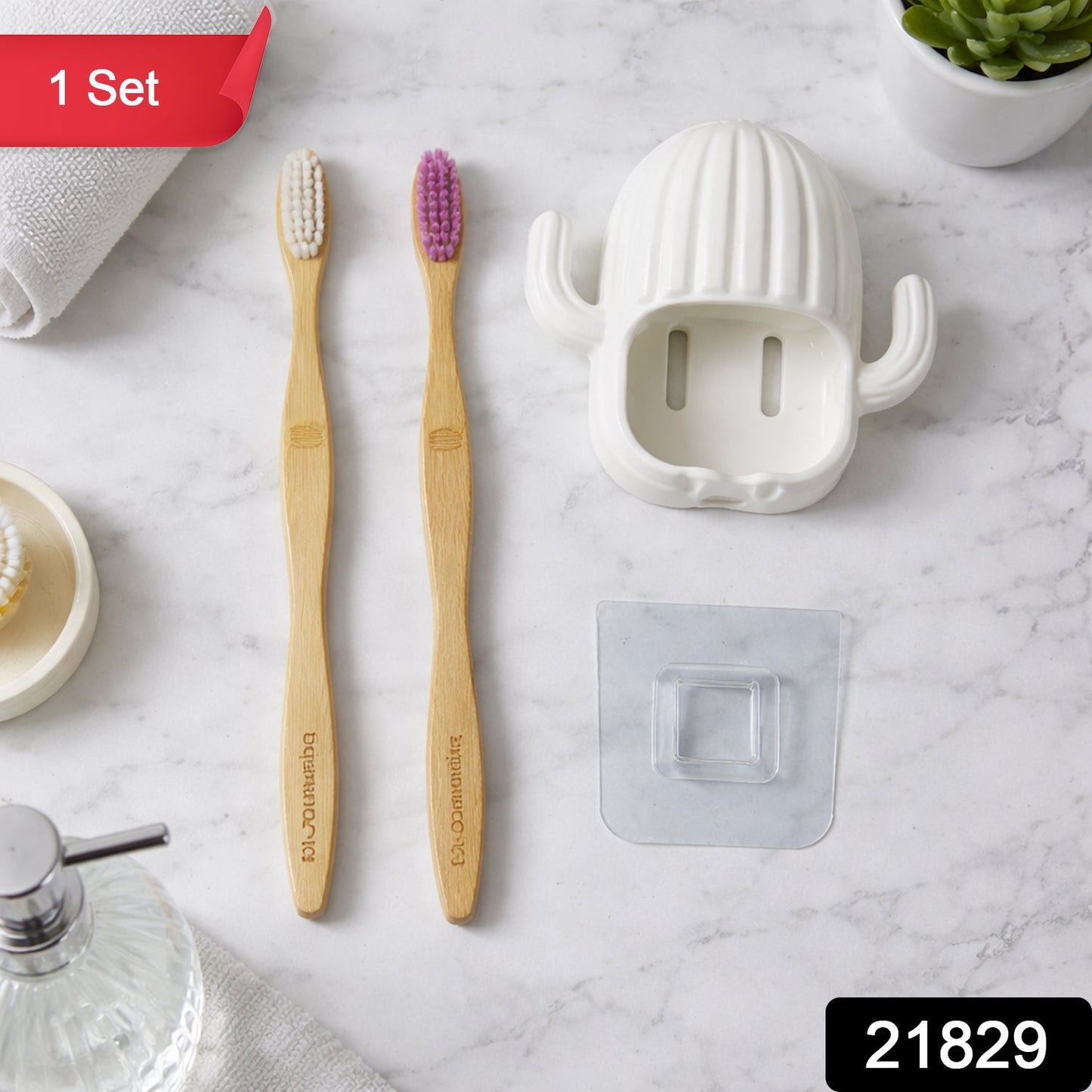 Wall mounted cactus style toothbrush holder with two bamboo toothbrushes