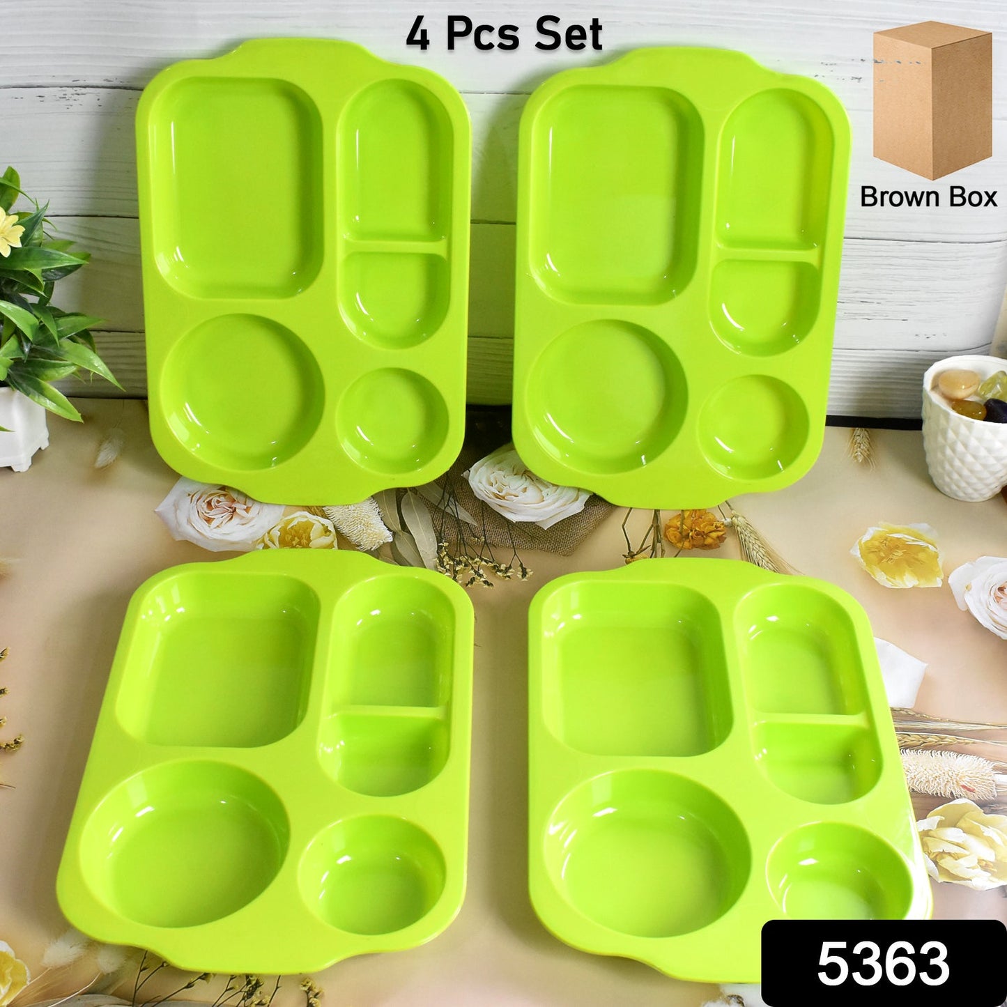 Multicolor 5-compartment food plates, perfect for organized meals.