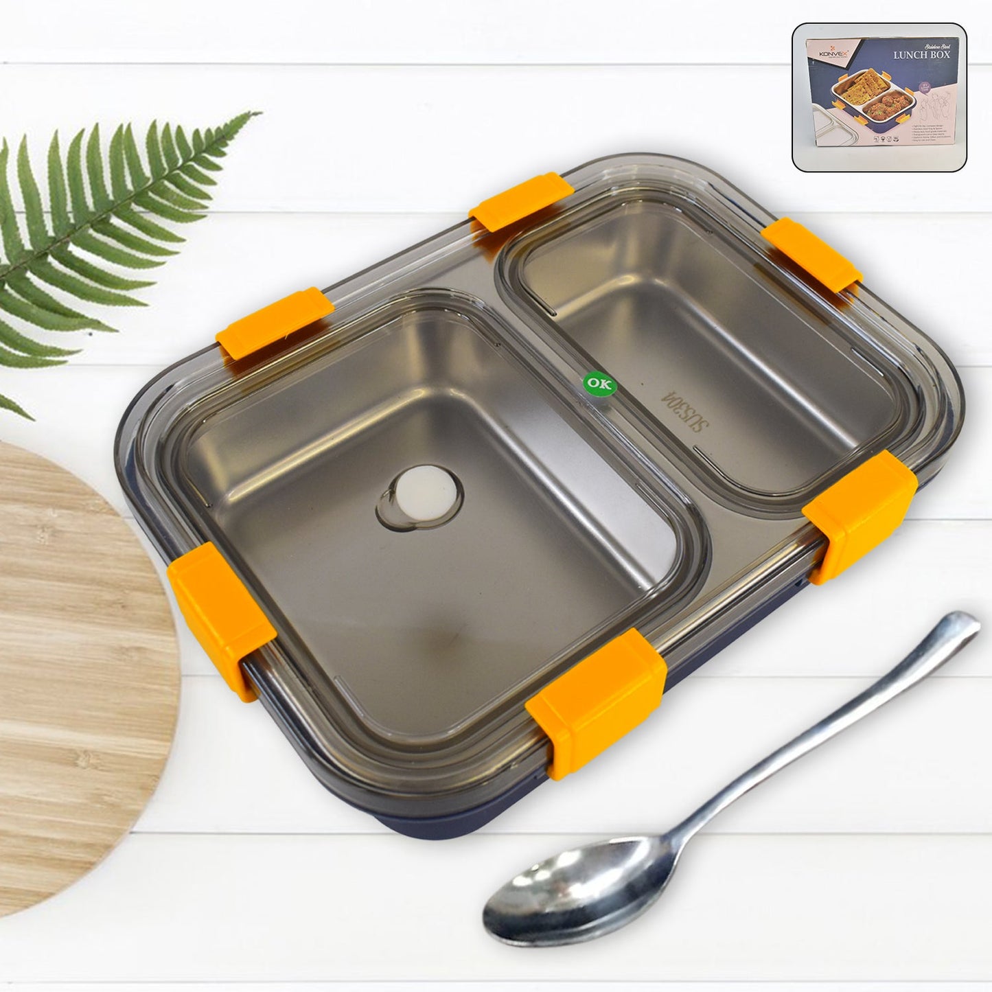 Stainless steel 2 section lunch box with leakproof lid and spoon