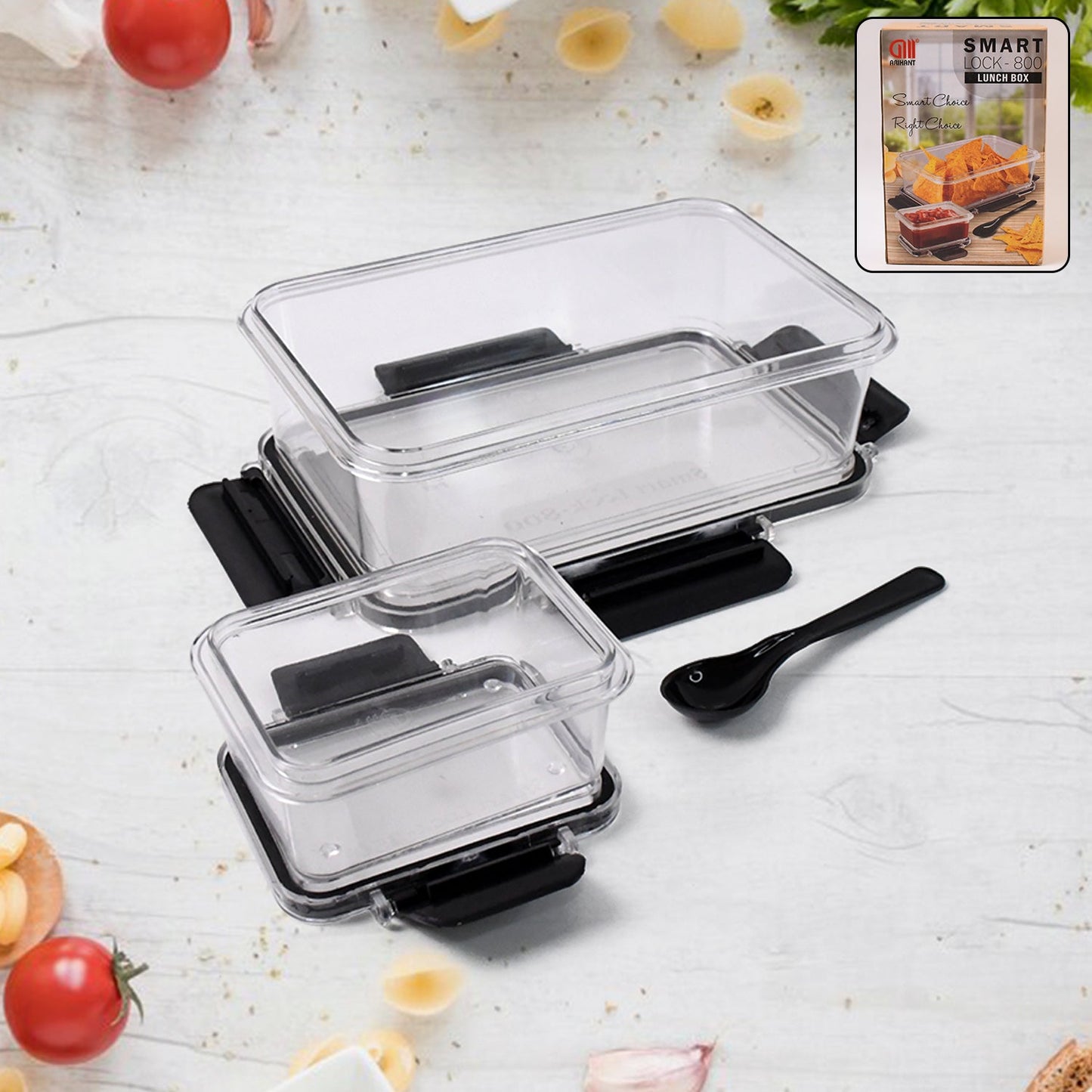 Plastic kitchen storage container set with airtight lock lids and spoon for fresh food storage