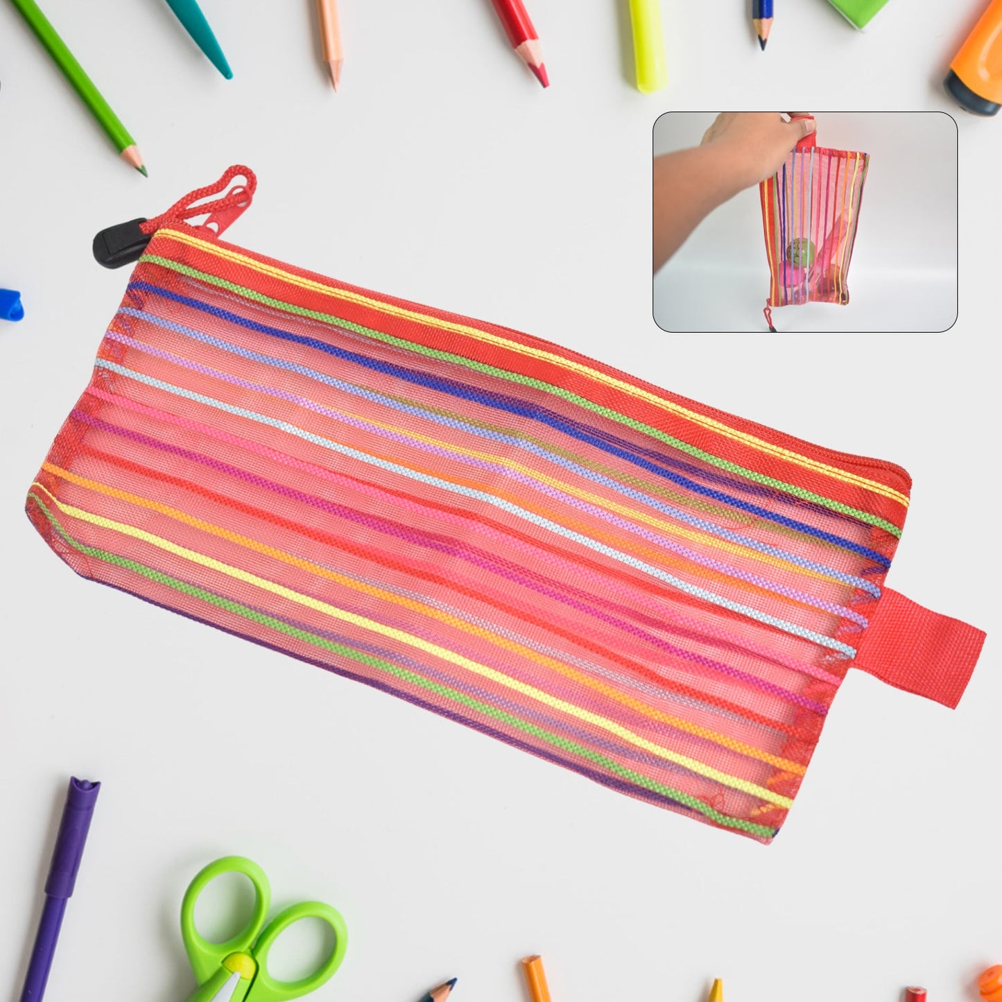 Transparent mesh pouch in various colors, showcasing its versatile design.
