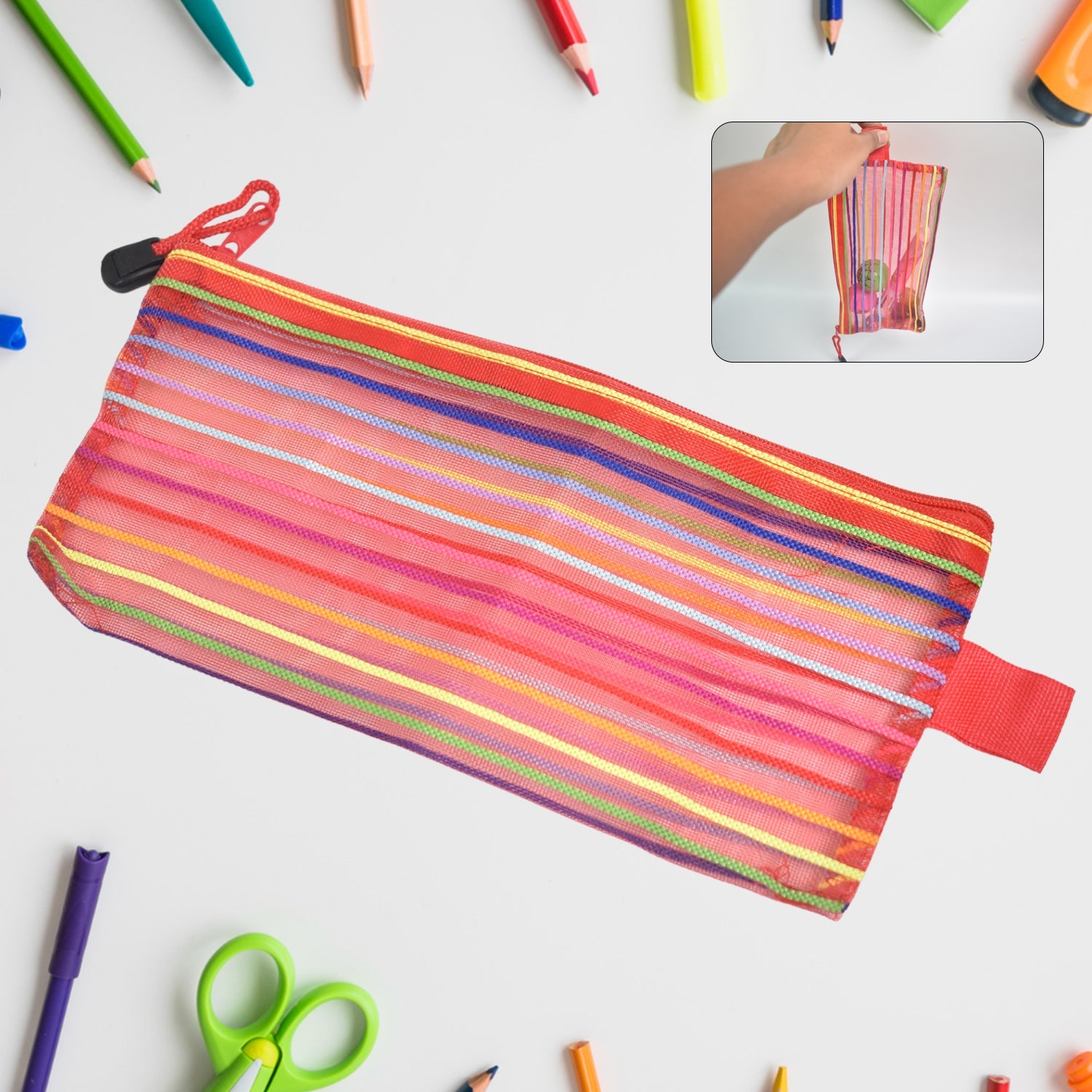 Transparent mesh pouch in various colors, showcasing its versatile design.