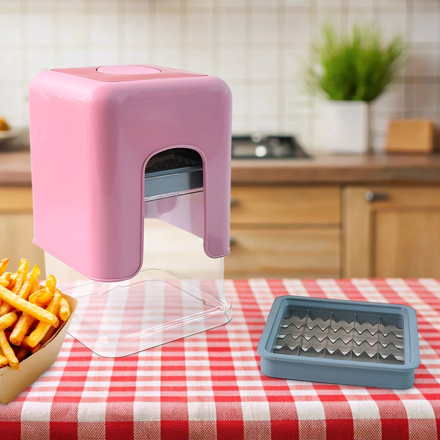 Heavy duty potato chipser and vegetable chopper showing dual blade attachments