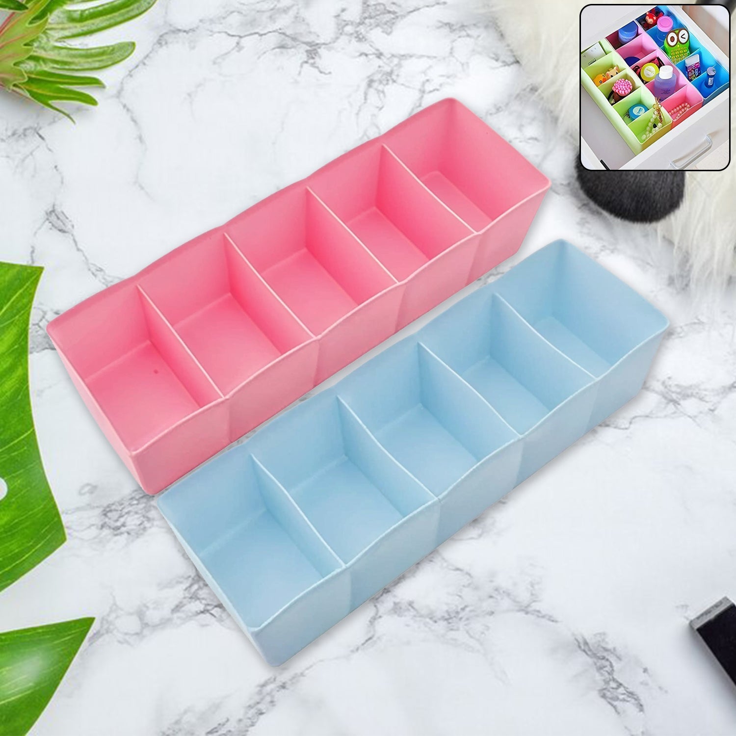 Pack of two 5-compartment drawer organizers for socks and undergarments.