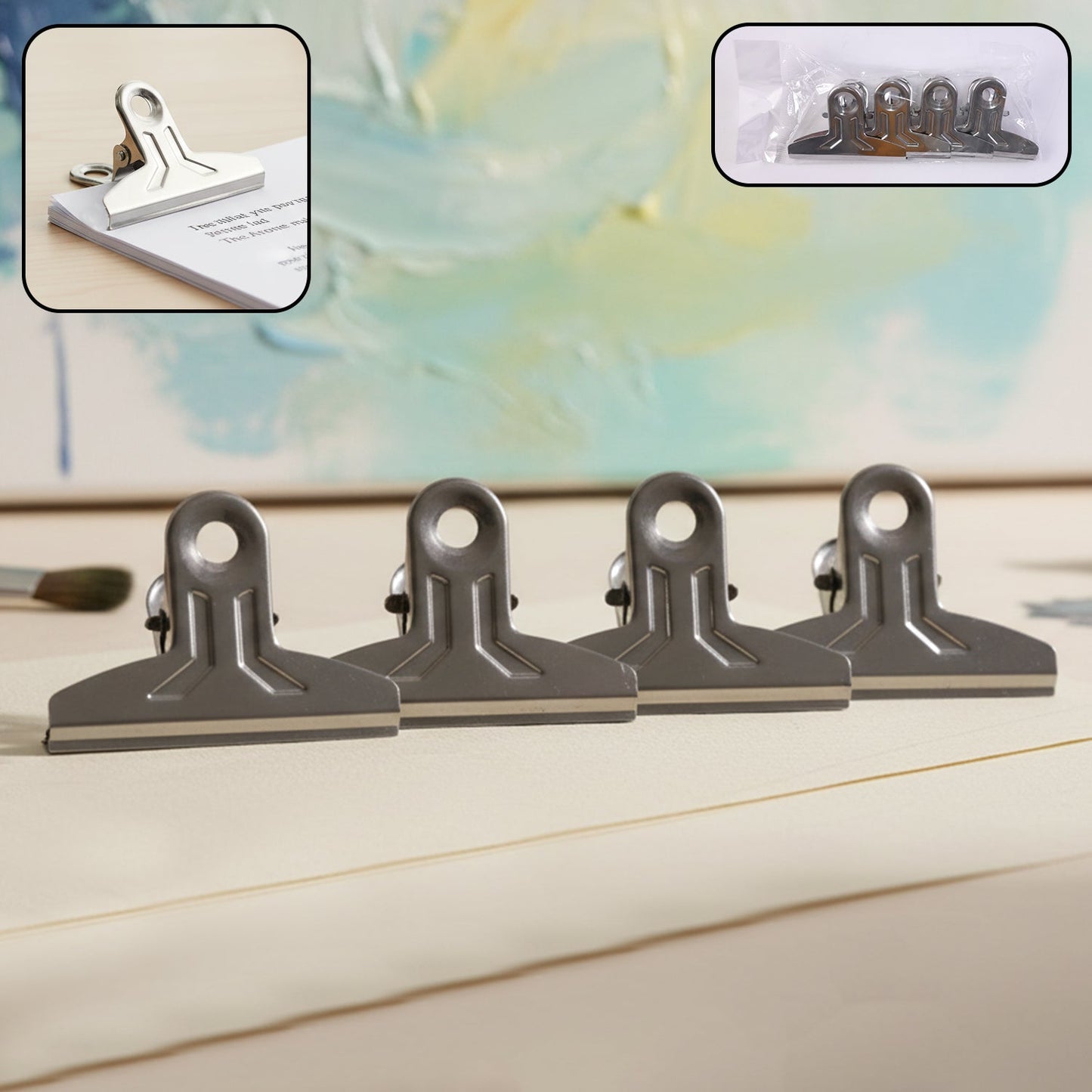 Heavy duty metal paper clamp clips holding documents tightly