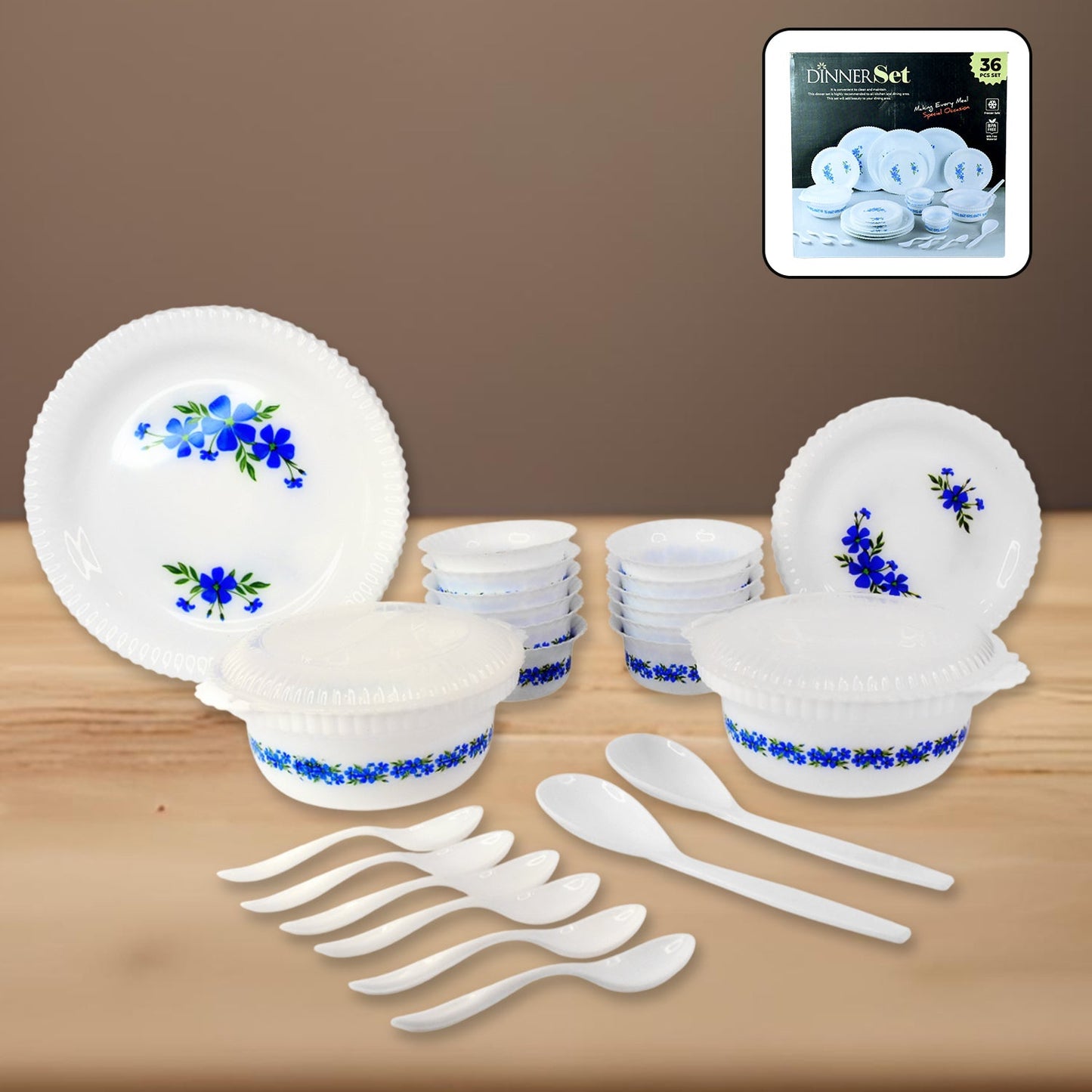 36-piece plastic dinner set showcasing vibrant blue floral pattern