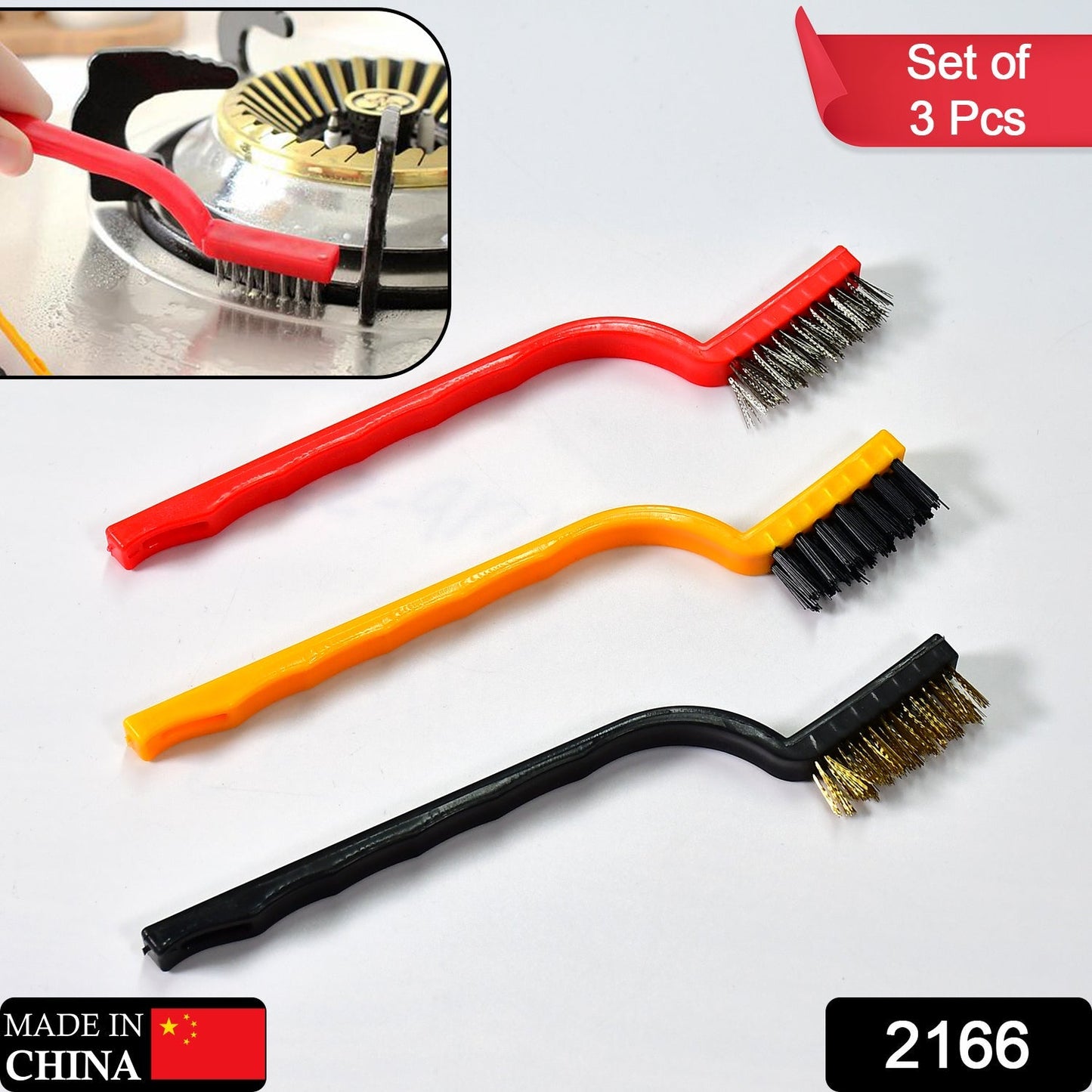 Three different mini wire brushes displayed, highlighting their varied bristle types for household cleaning.