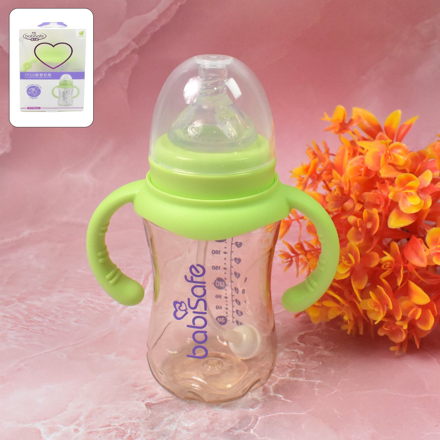 Feedora Plastic Baby Feeding Bottle with handles and straw, 300ml capacity.