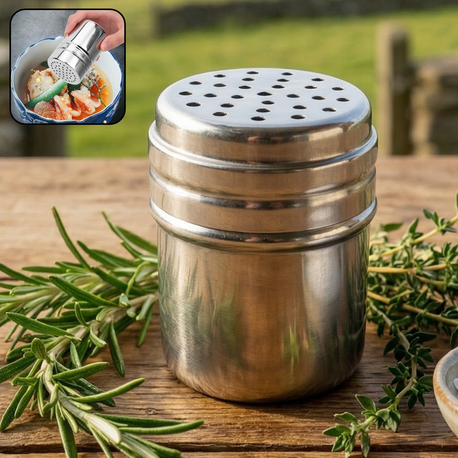 Stainless steel spice shaker container with perforated lid for even seasoning