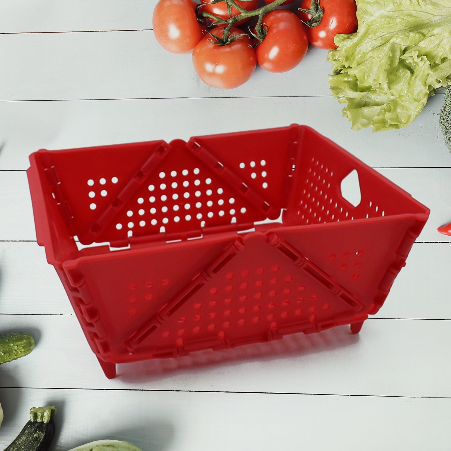 Colorful foldable storage basket with ventilation holes.