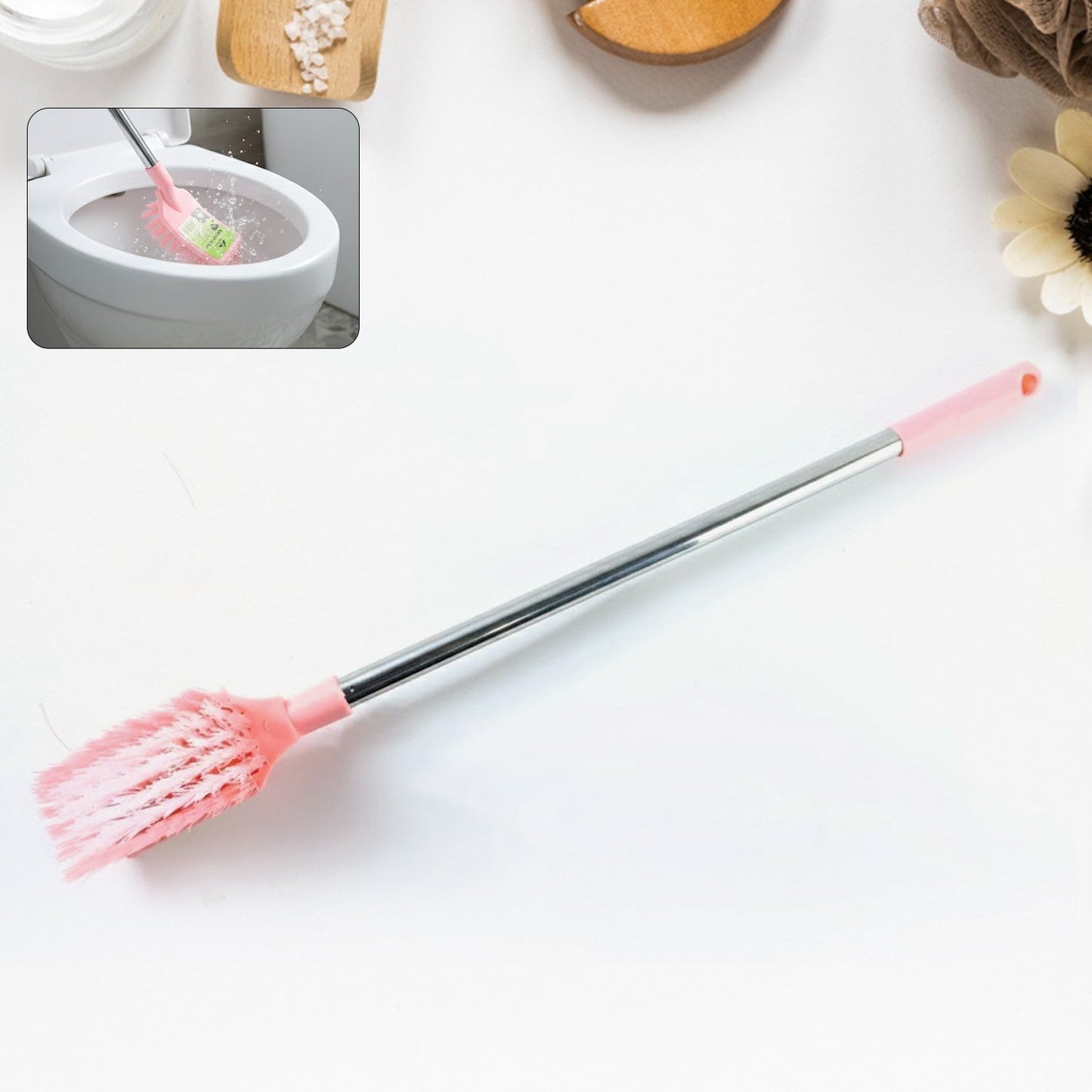 Top perspective of toilet cleaning brush with long handle for hygiene