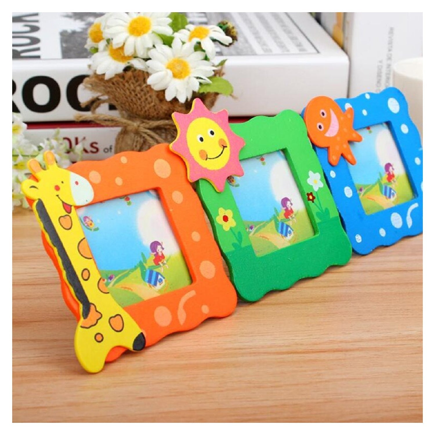 Front view of the vibrant baby photo frame with animal motifs for kids' room decor.