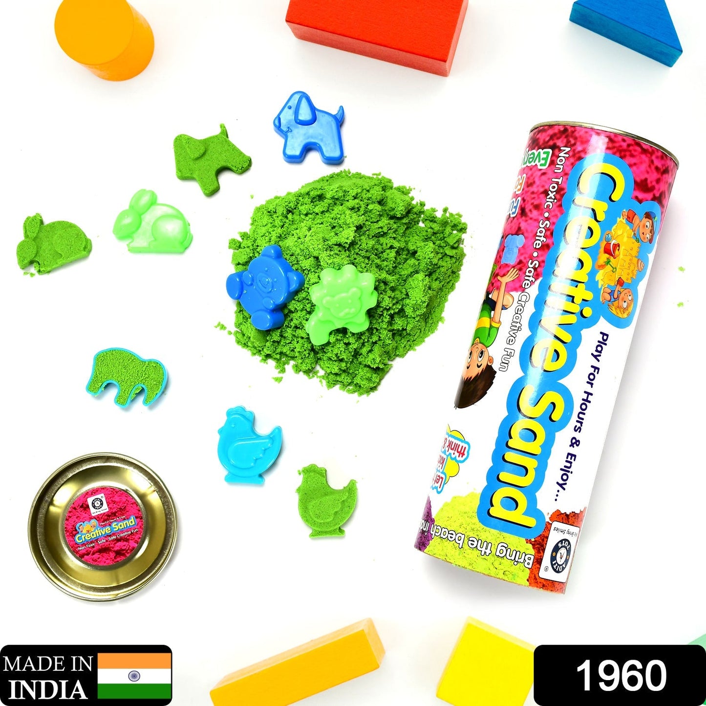 Children's hands shaping vibrant kinetic sand, promoting mess-free creative play.
