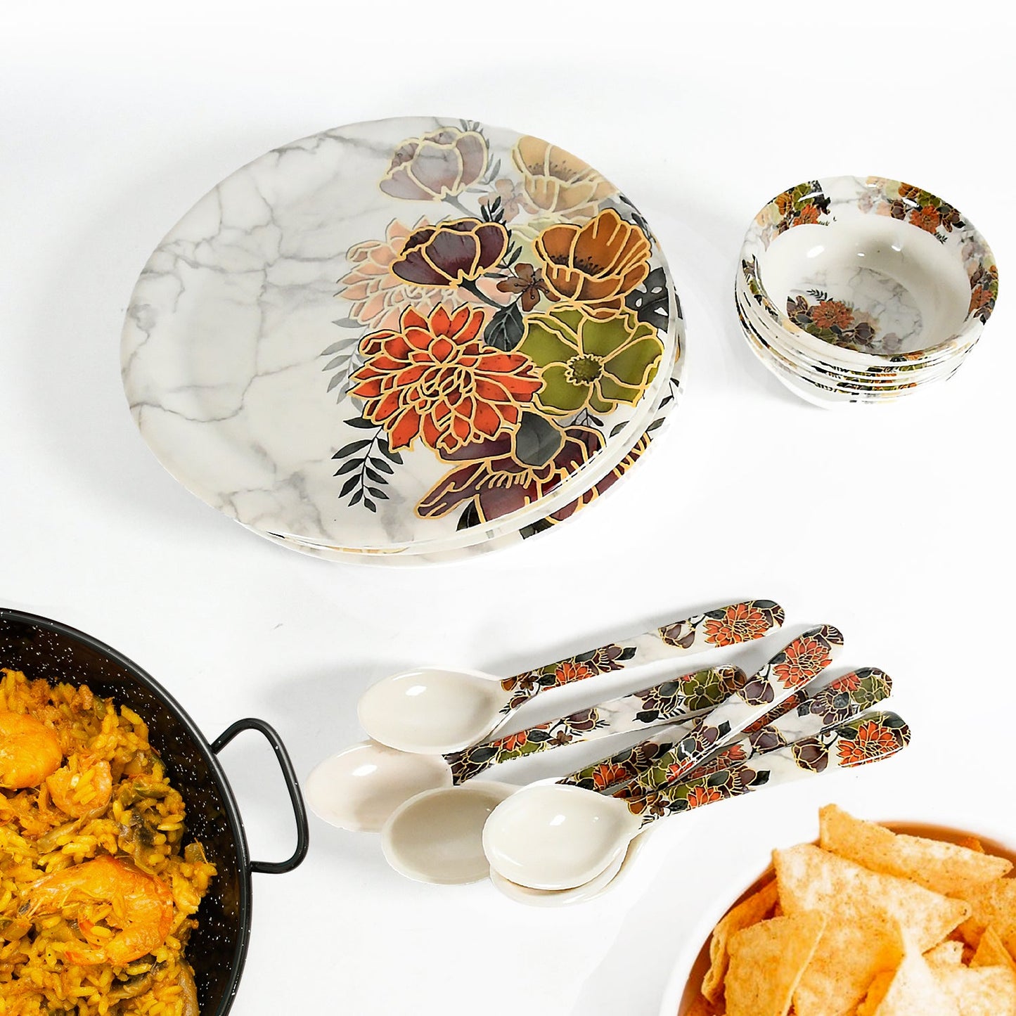 Stackable plastic plates and bowls, highlighting the space-saving design.