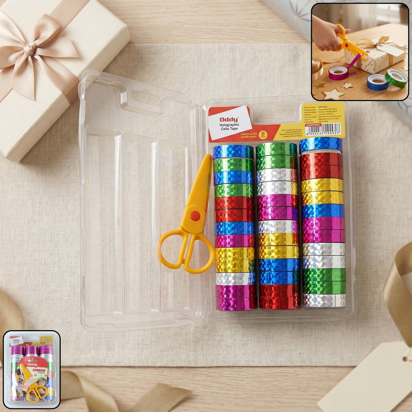 Holographic decorative tape set with scissors and multiple colorful rolls