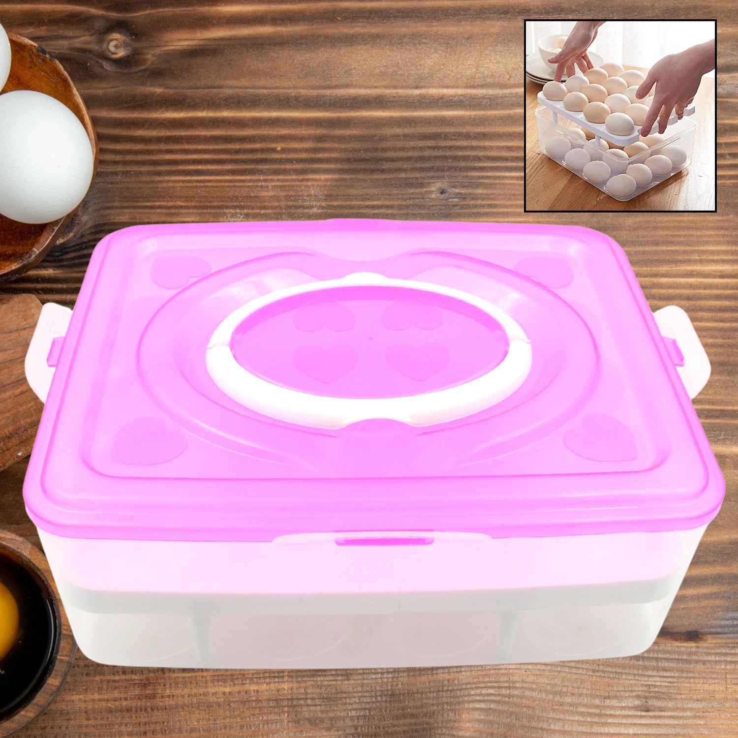 Top view of 2-layer 32-grid egg tray with lid and handle for egg storage
