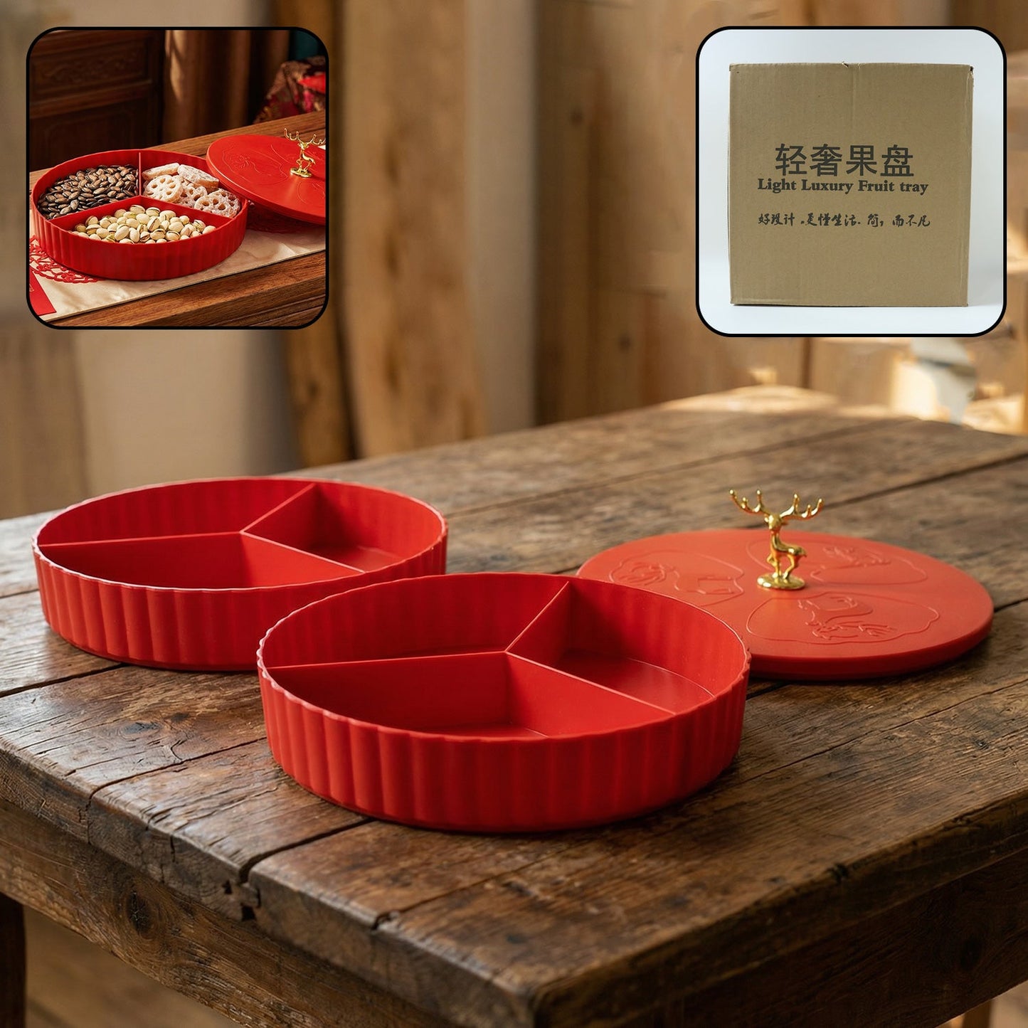 2 layer dry fruit serving tray with decorative lid and partitions