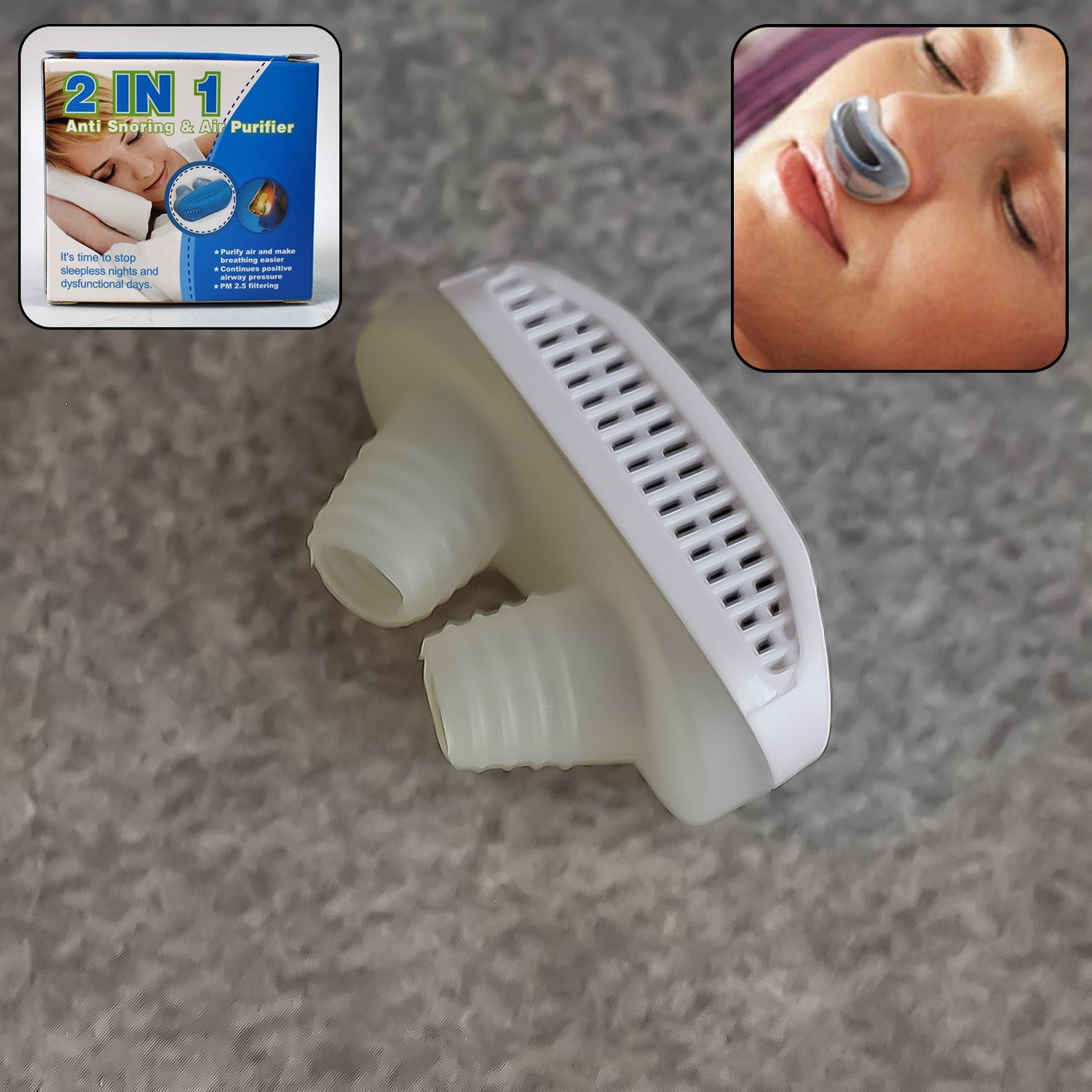 Velvet Wheels Anti-Snoring Nose Clip with its protective plastic travel case.