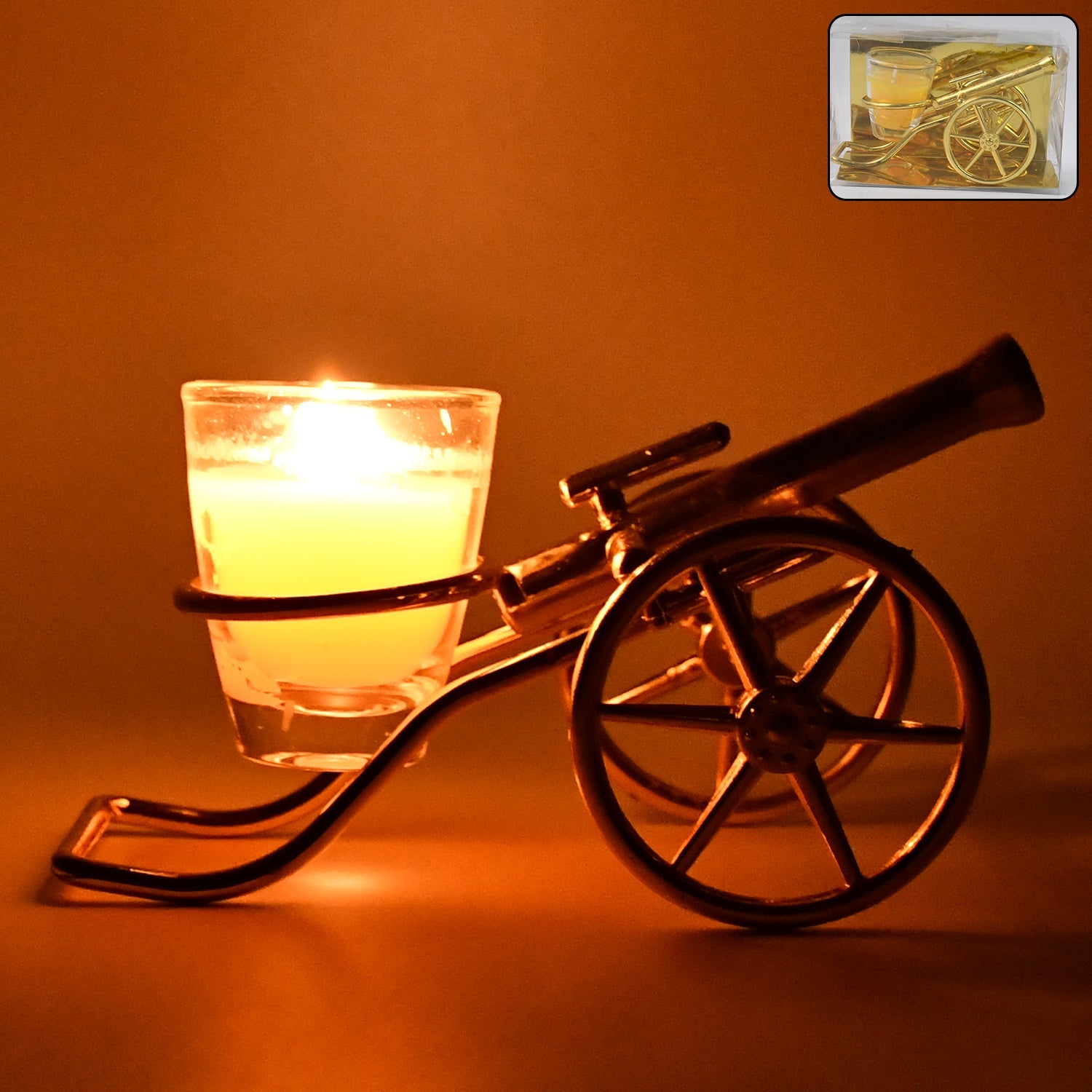 Top Cannon tealight candle holder with glowing candle for Diwali decorations