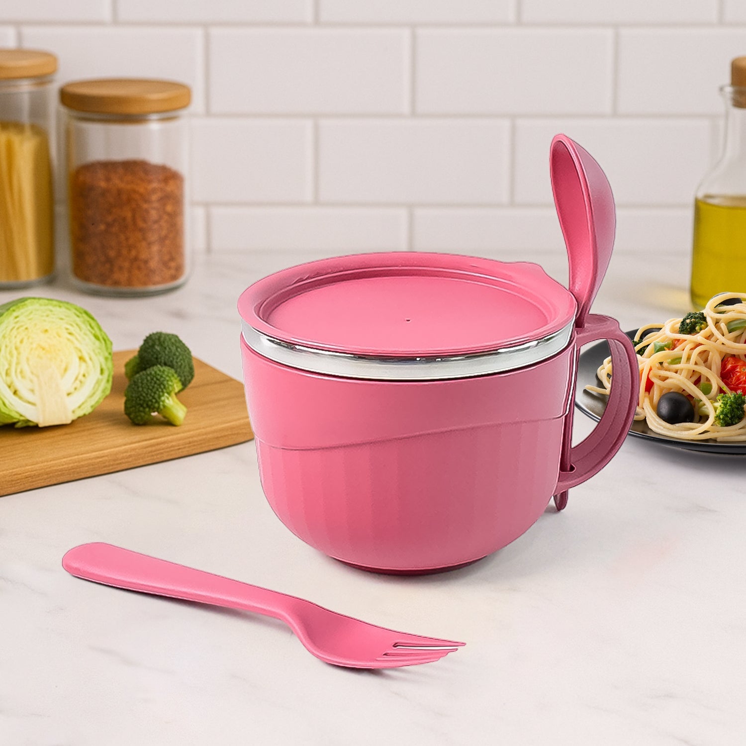 700 ML multipurpose noodle bowl with handle, lid, and fork by Apex