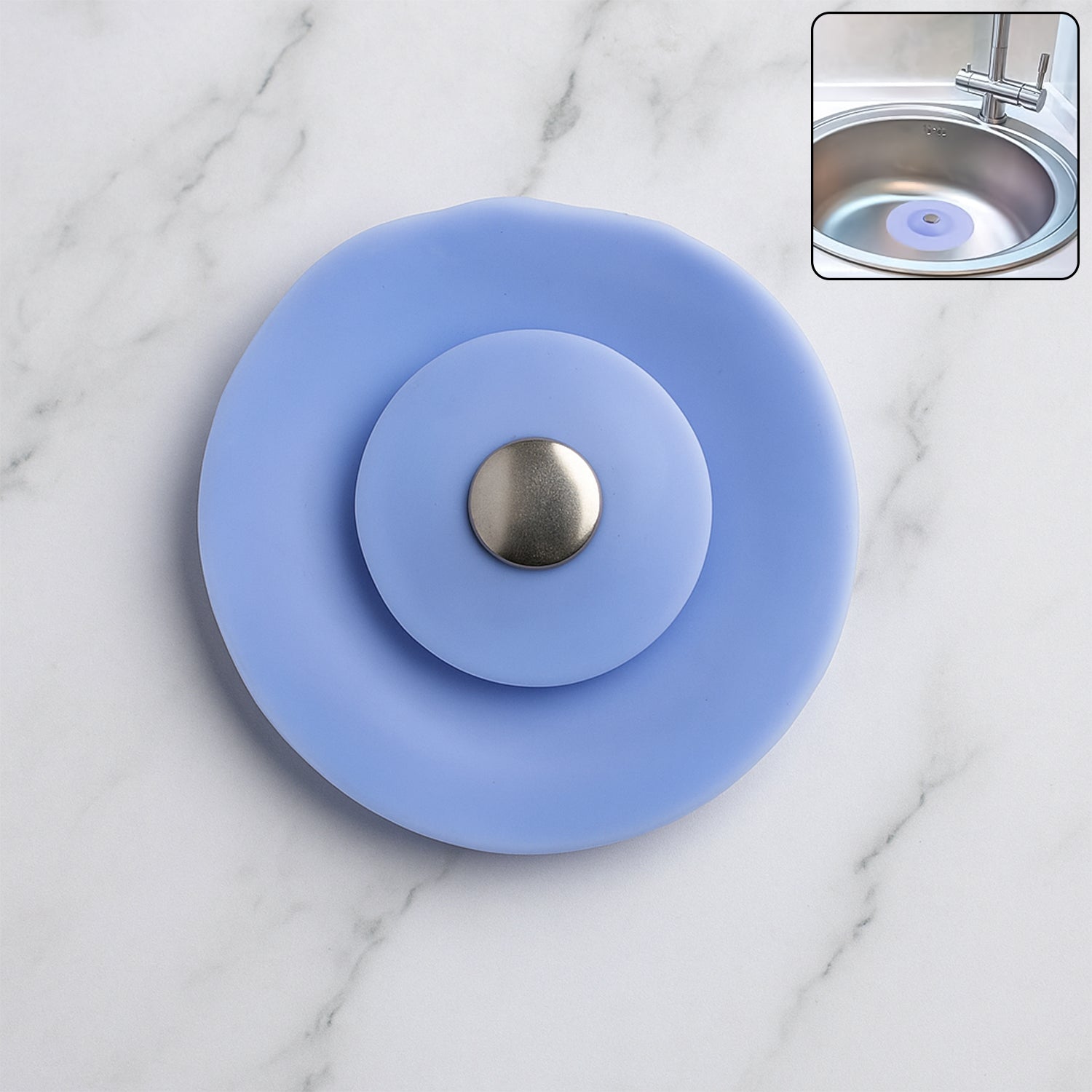 Blue silicone sink strainer and stopper designed for efficient kitchen drainage