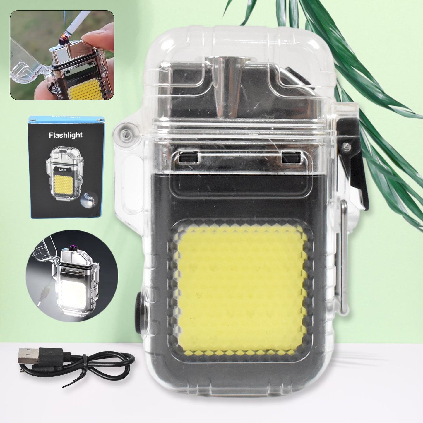 USB rechargeable electric lighter flashlight with transparent body and COB light.