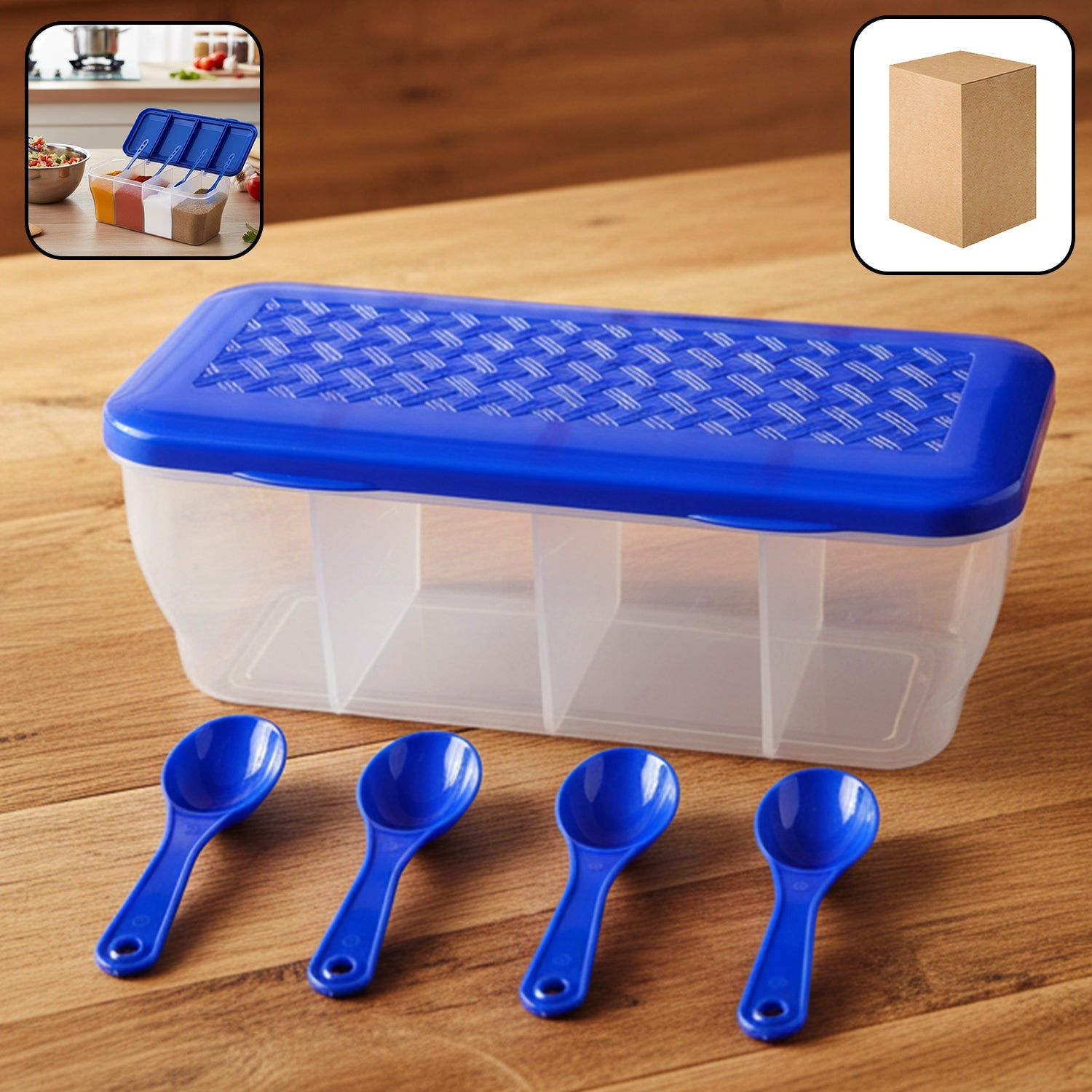 Airtight 4-section storage container with 4 spoons, full of spices on a white background.