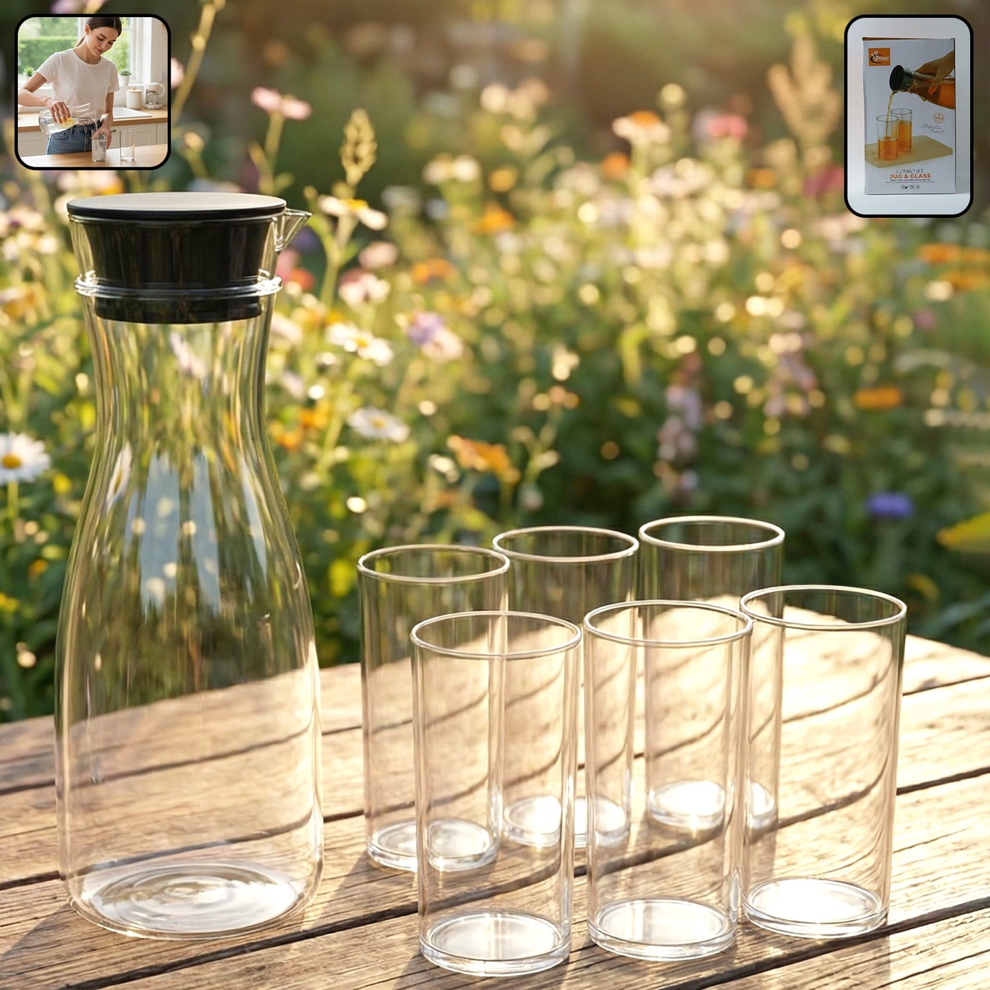 Plastic water jug with 6 glasses, transparent drinkware set for home