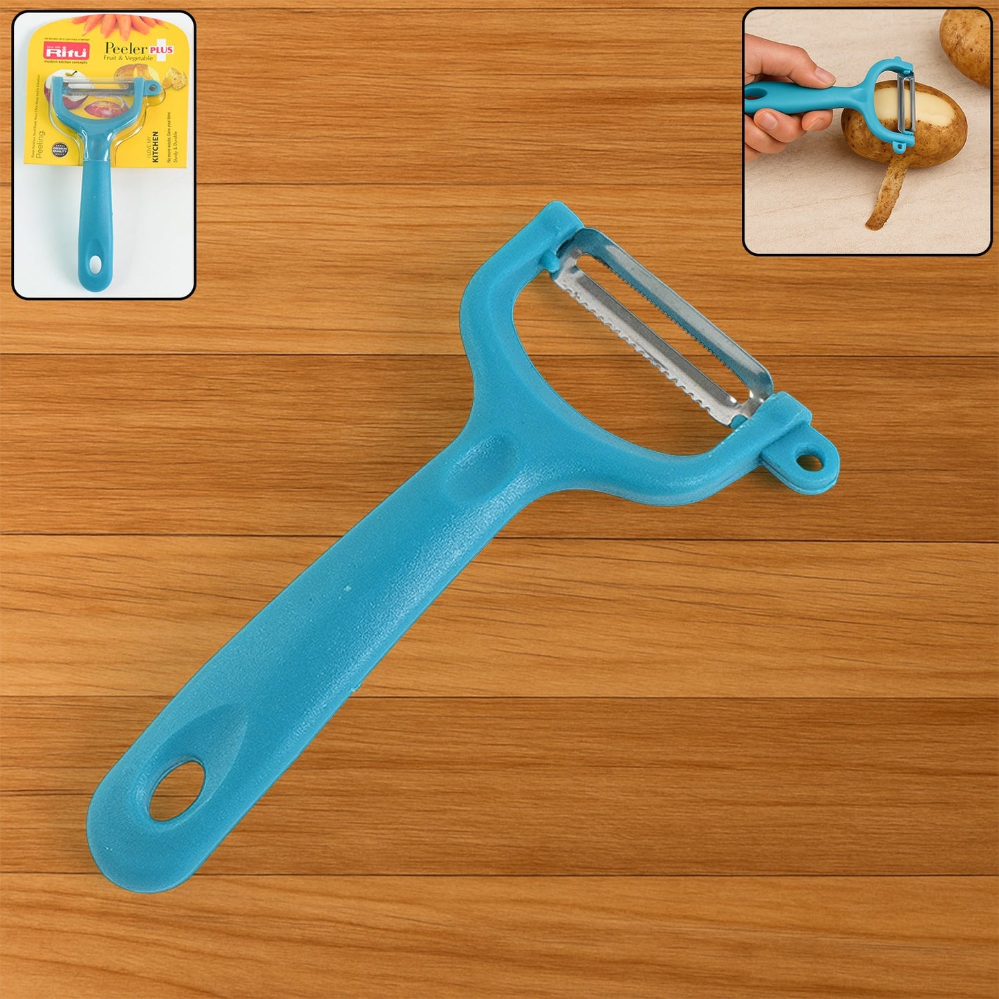 Close-up of the Y-shaped vegetable peeler, highlighting its sharp serrated blade.