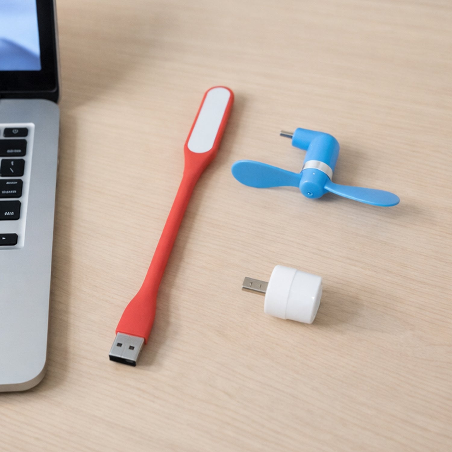 3 in 1 USB laptop accessory combo showing USB LED light, mini fan, and OTG adapter
