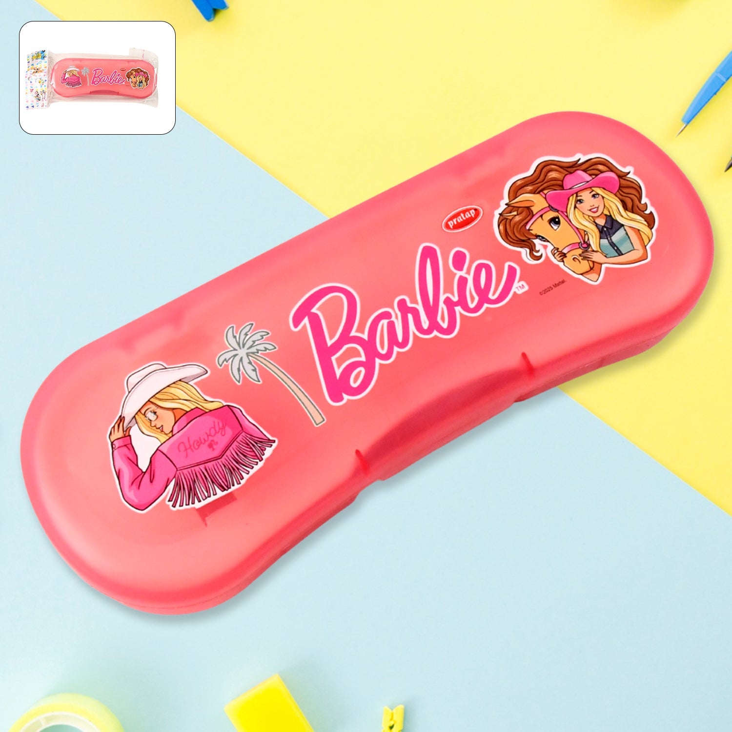 Plastic compass box for kids featuring cute cartoon design and dual-layer storage