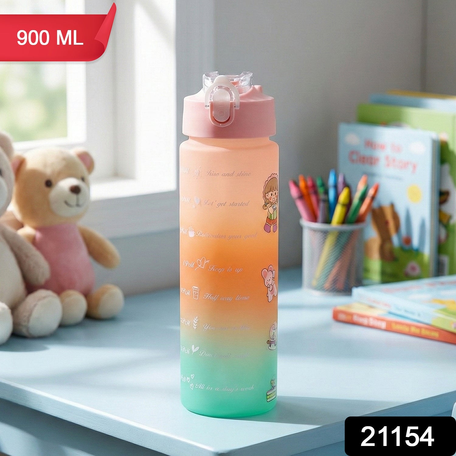 Close-up of motivational time markers on the leakproof flip-top water bottle