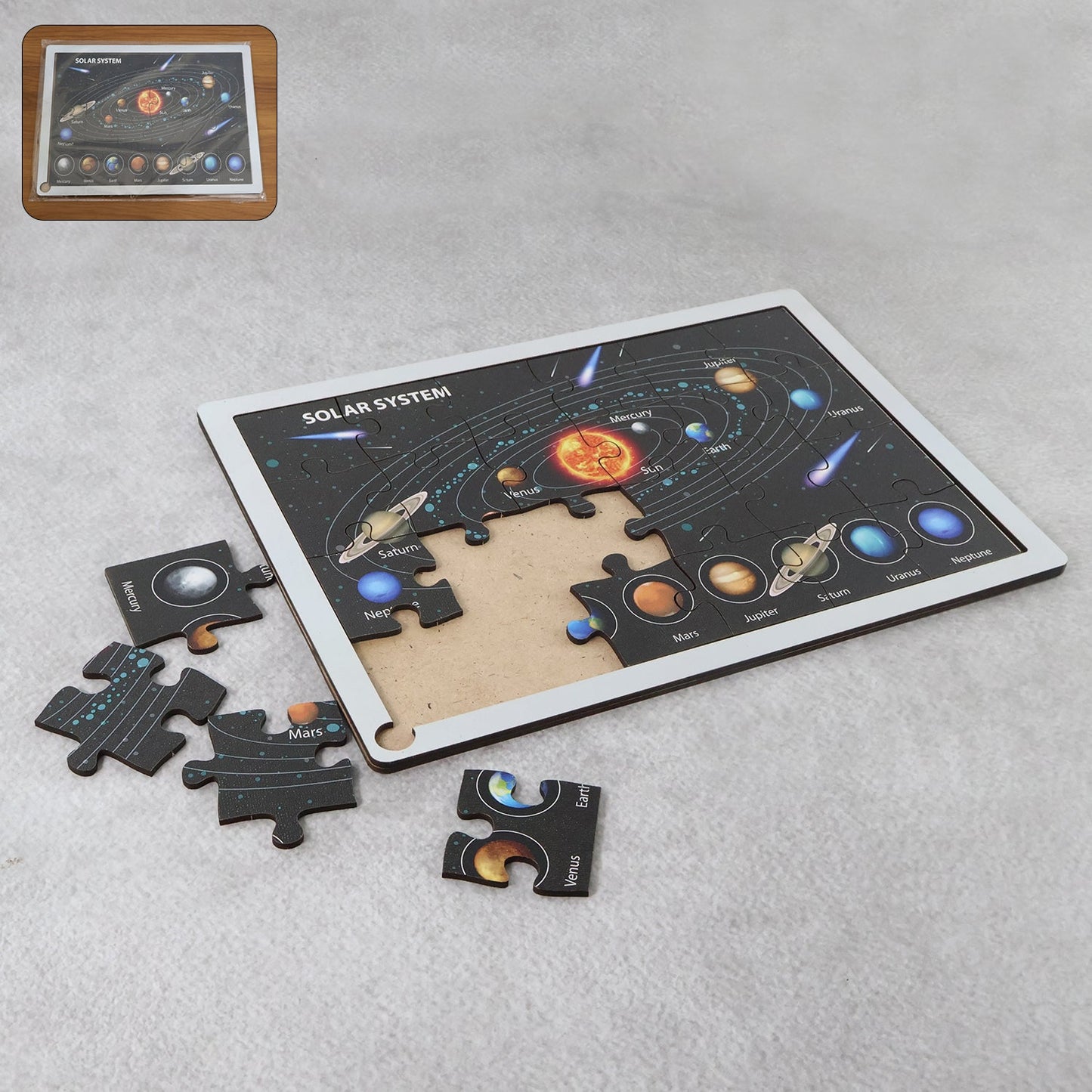 Wooden Solar System Puzzle for kids with labeled planets and space background