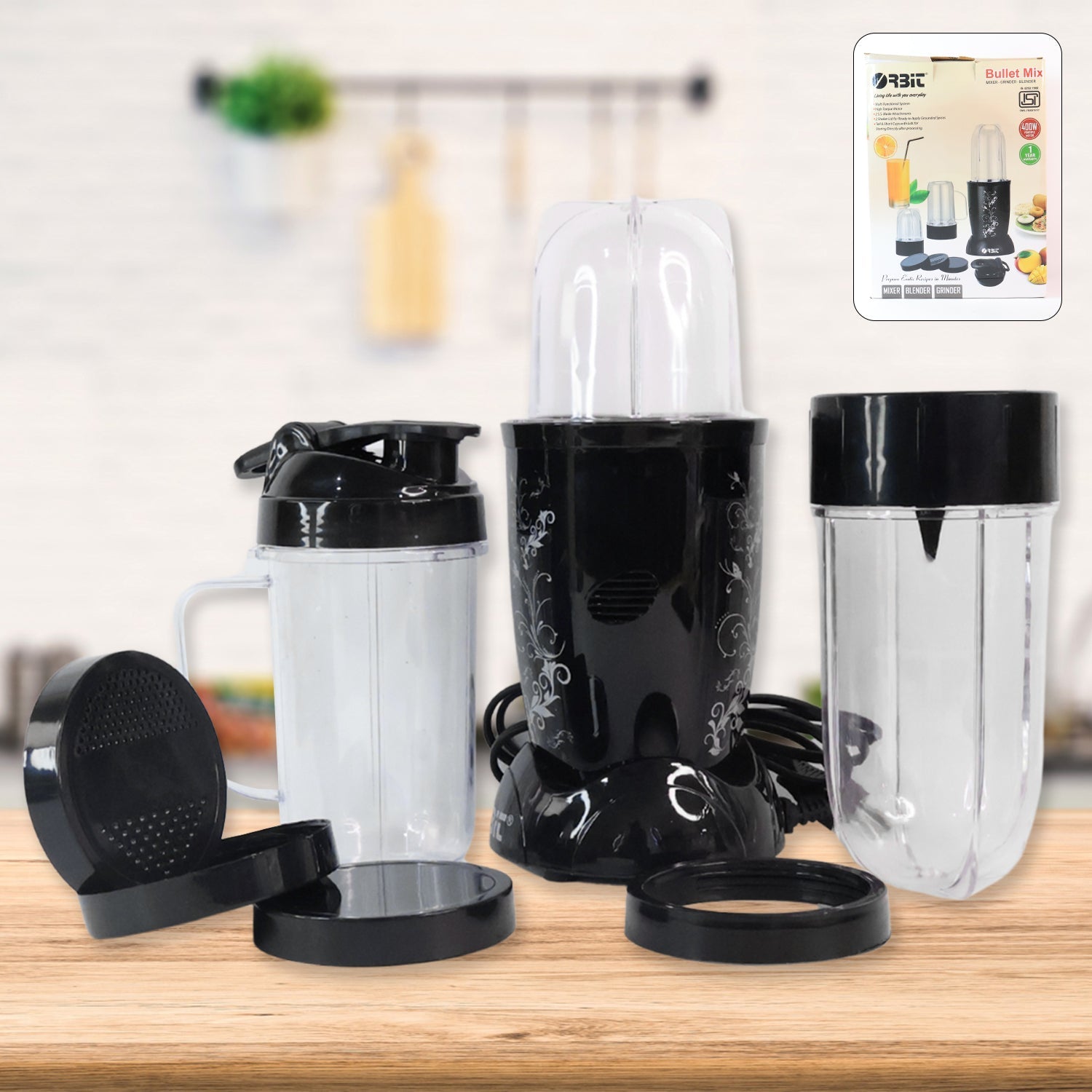 Box packaging of Orbit bullet mixer grinder with 3 jars