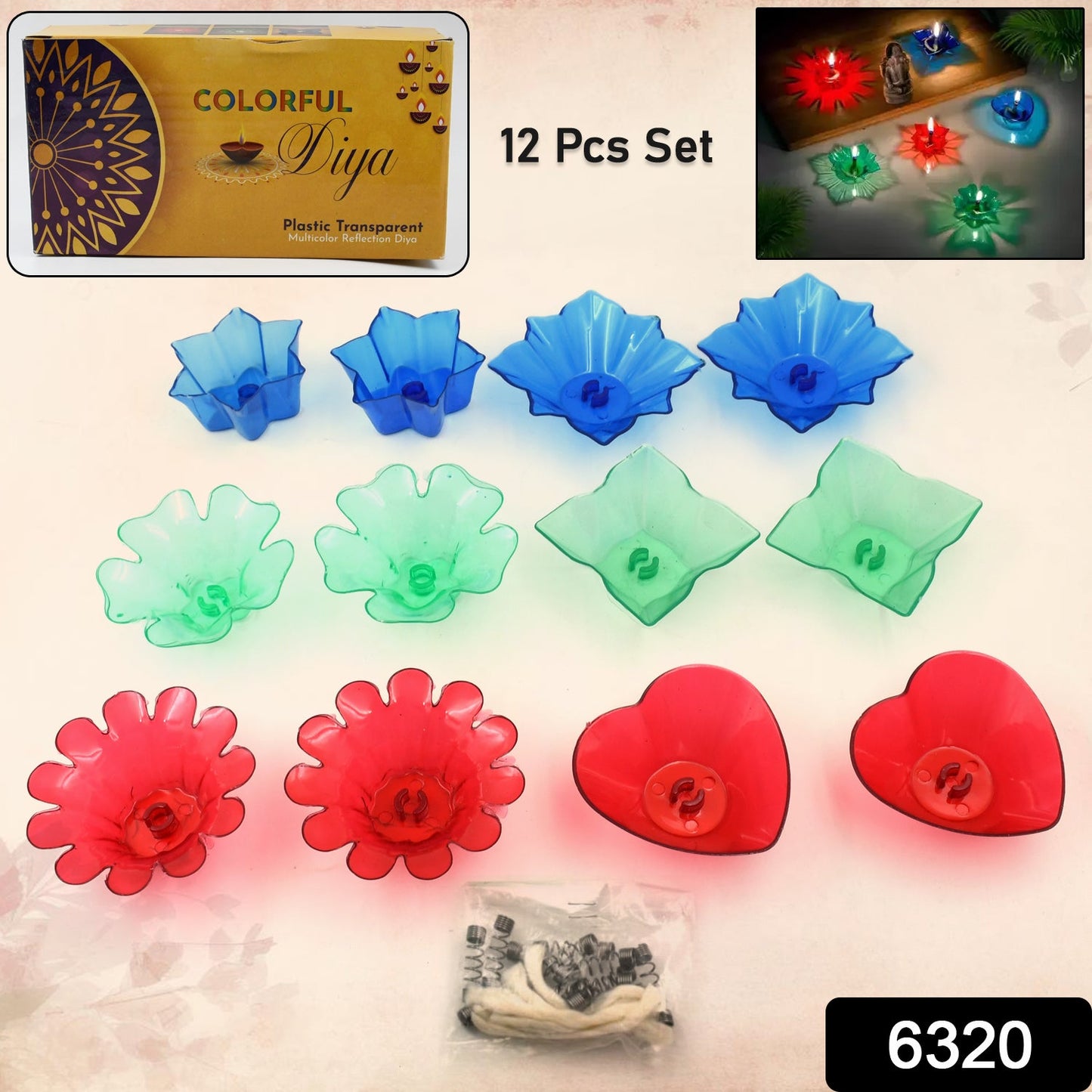 Top-down view of multiple lit reflection diyas arranged in a festive pattern, creating a beautiful glow.