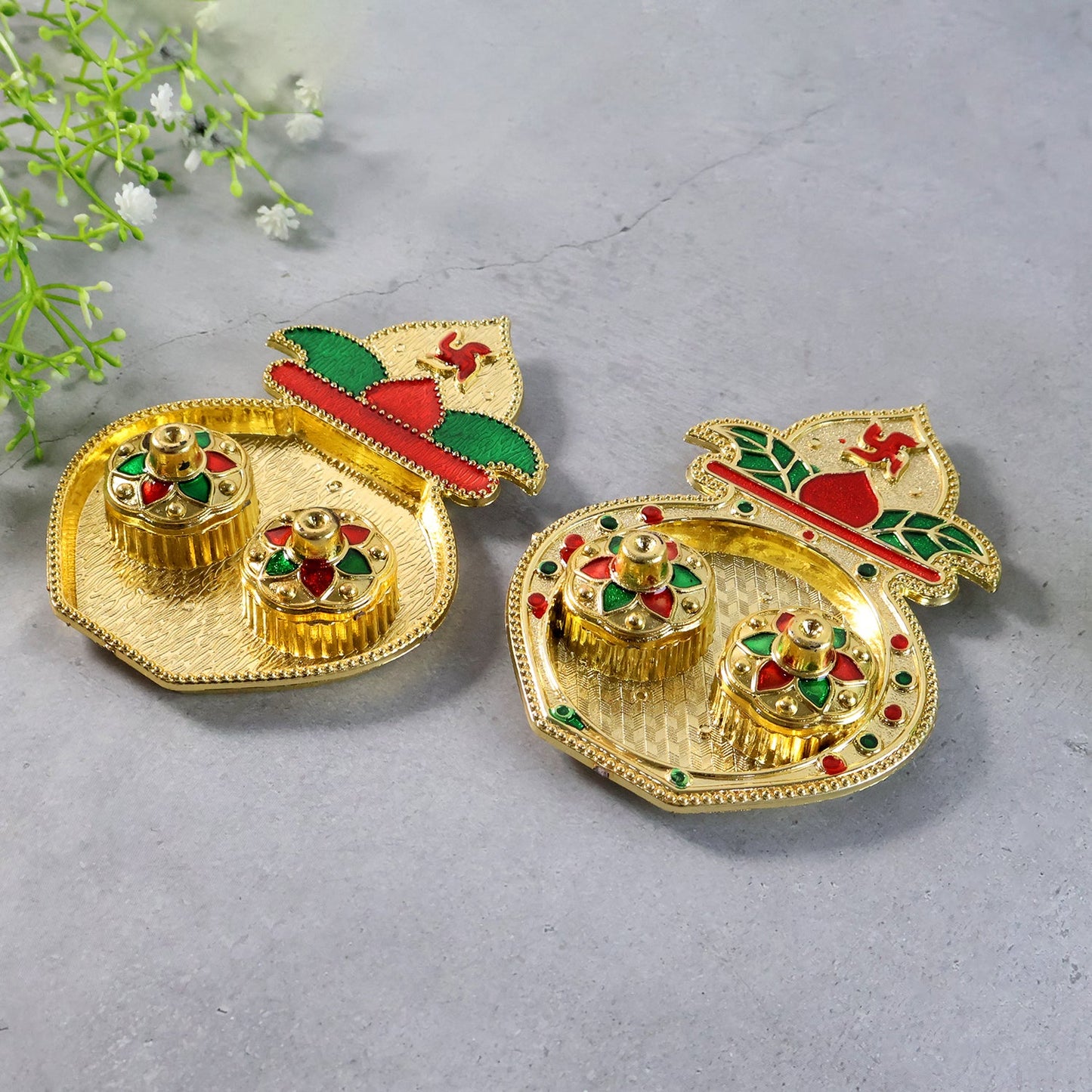 Front view of multicolored Kalash kumkum box perfect for pooja and gifting