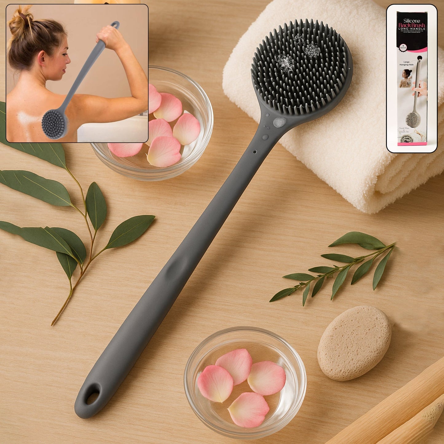 Silicone back scrubber brush with long handle for easy reach and gentle exfoliation