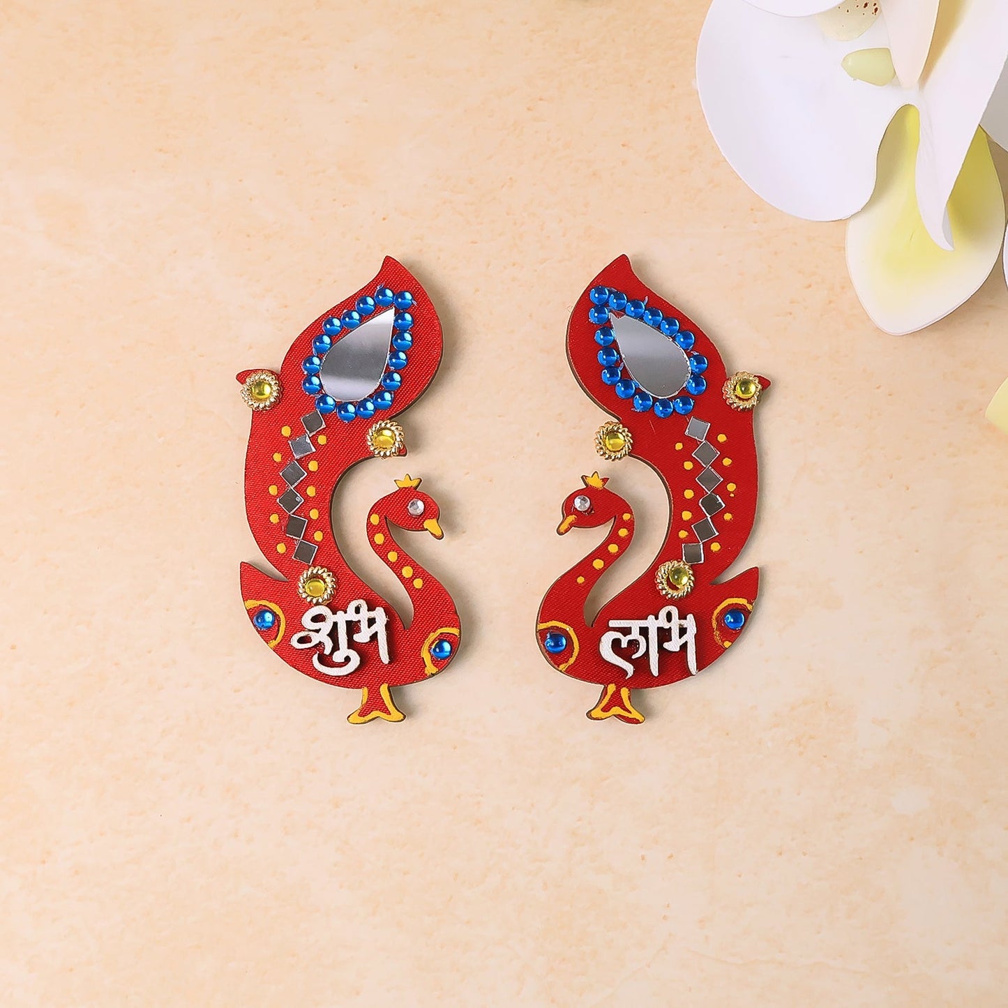 Handcrafted wooden Shubh Labh wall hanging with intricate mirror and stone decorations