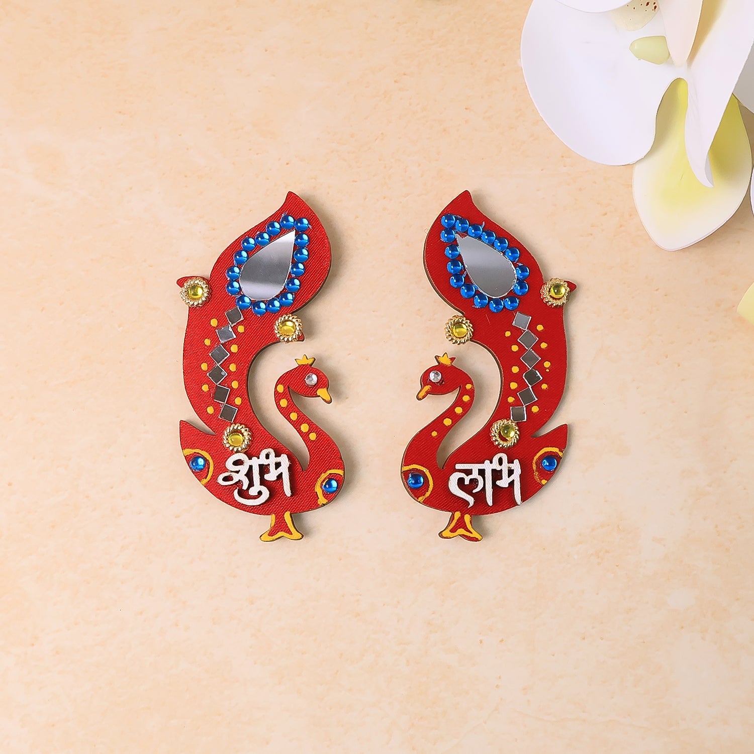 Handcrafted wooden Shubh Labh wall hanging with intricate mirror and stone decorations