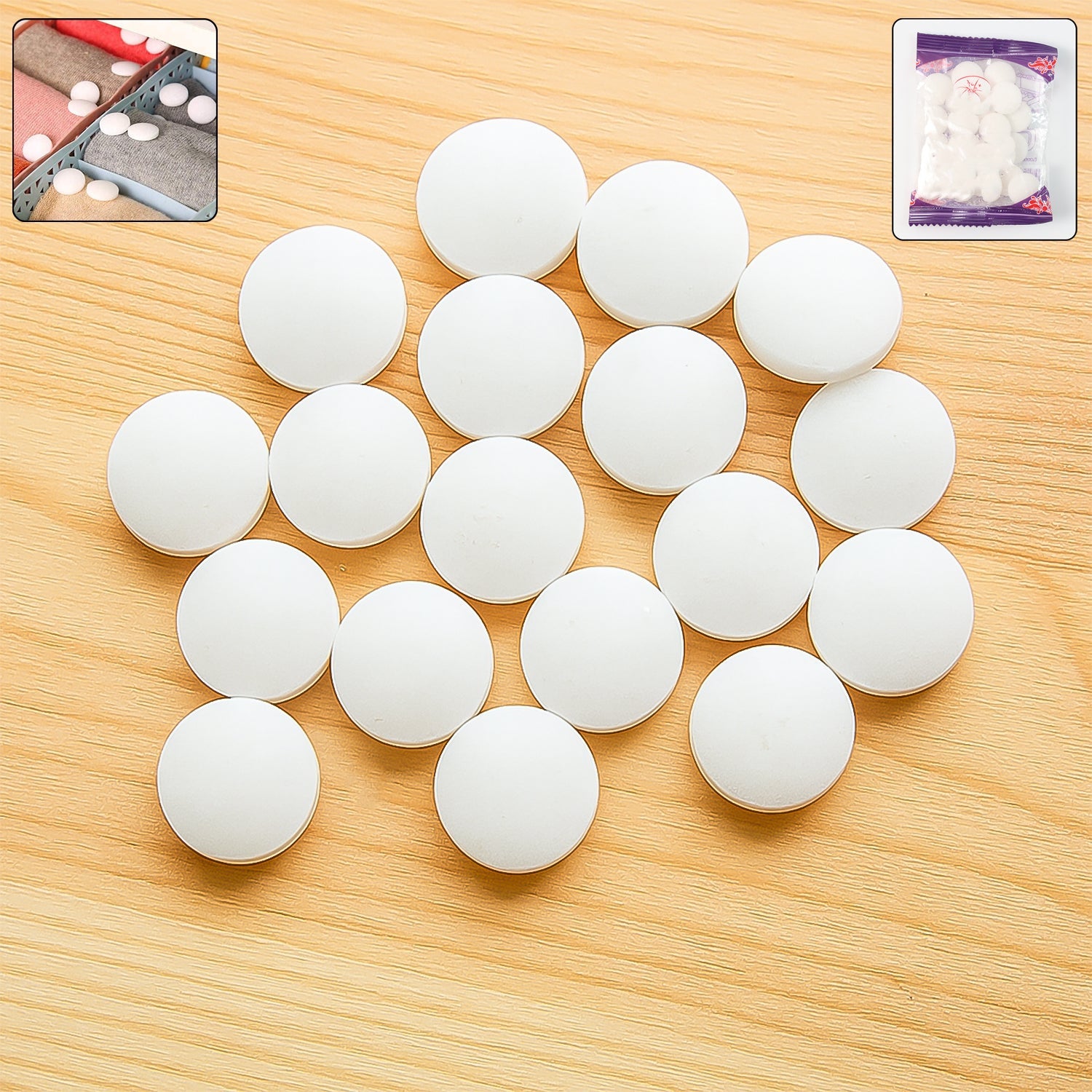 Premium naphthalene mothballs in round tablet form for cupboard moth protection