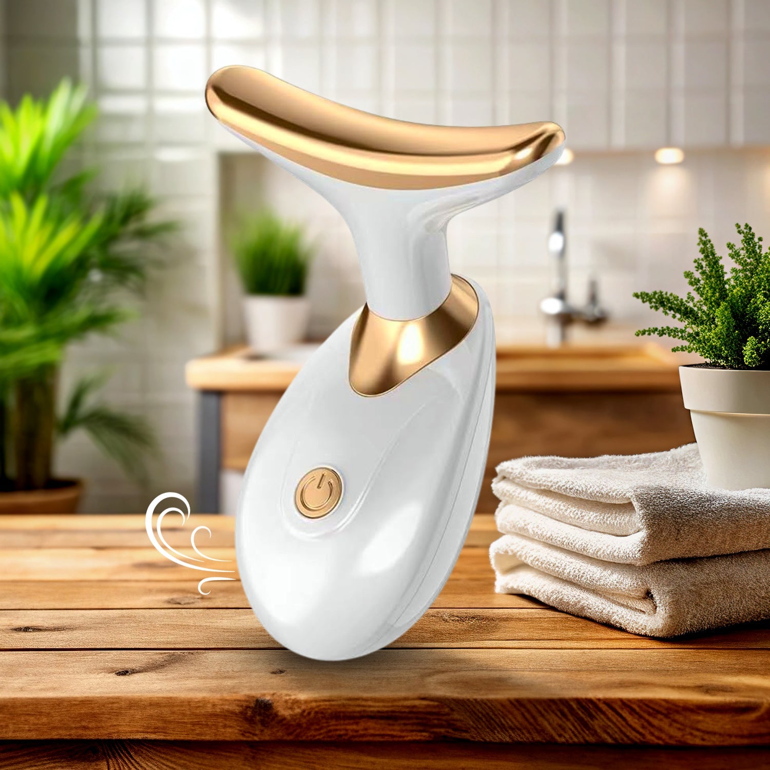 Ergonomic dolphin-tail Neck Face Massager for facial and neck skin firming.