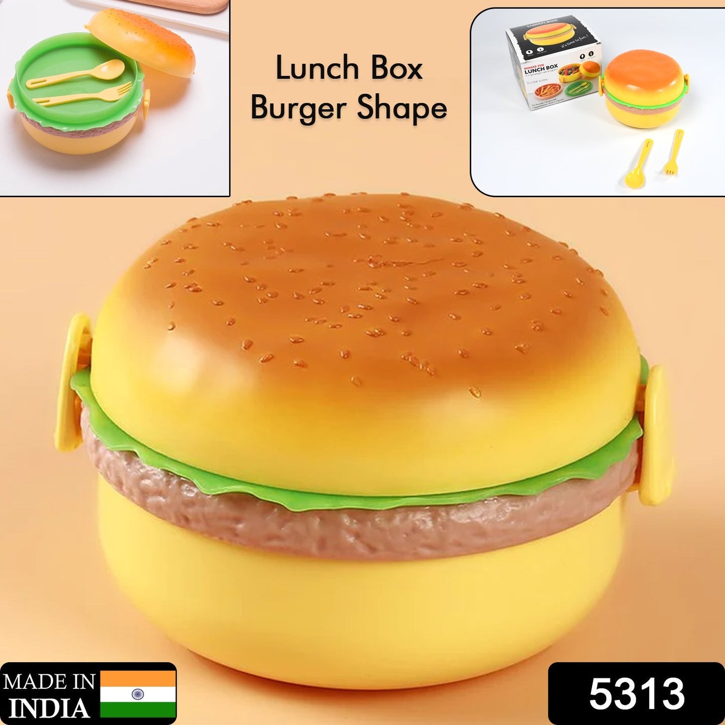 The fun burger shape lunch box includes a spoon and fork.