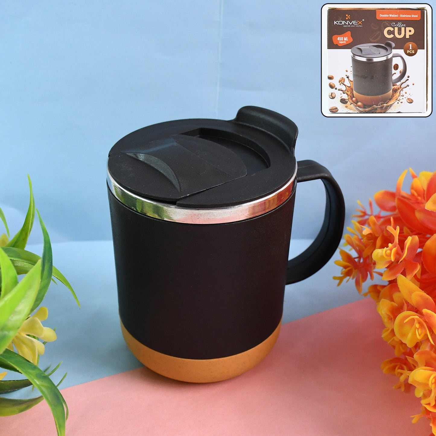 Insulated coffee mug keeping drinks hot or cold with spill-proof lid