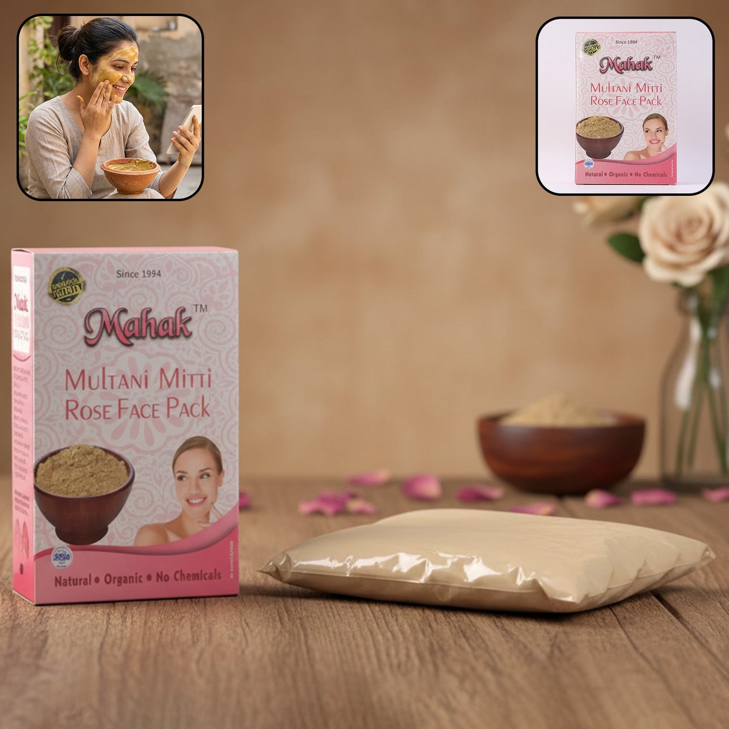 Multani Mitti and Rose face pack powder for skincare use