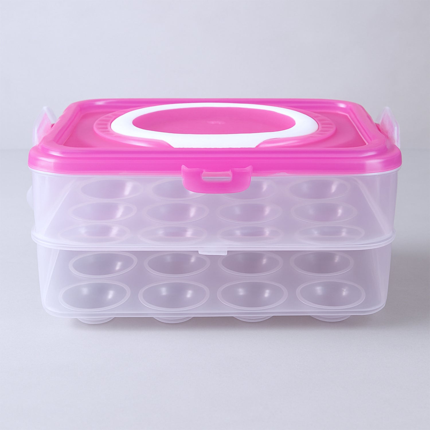 Interior view of the egg storage box with removable dividers for egg protection.