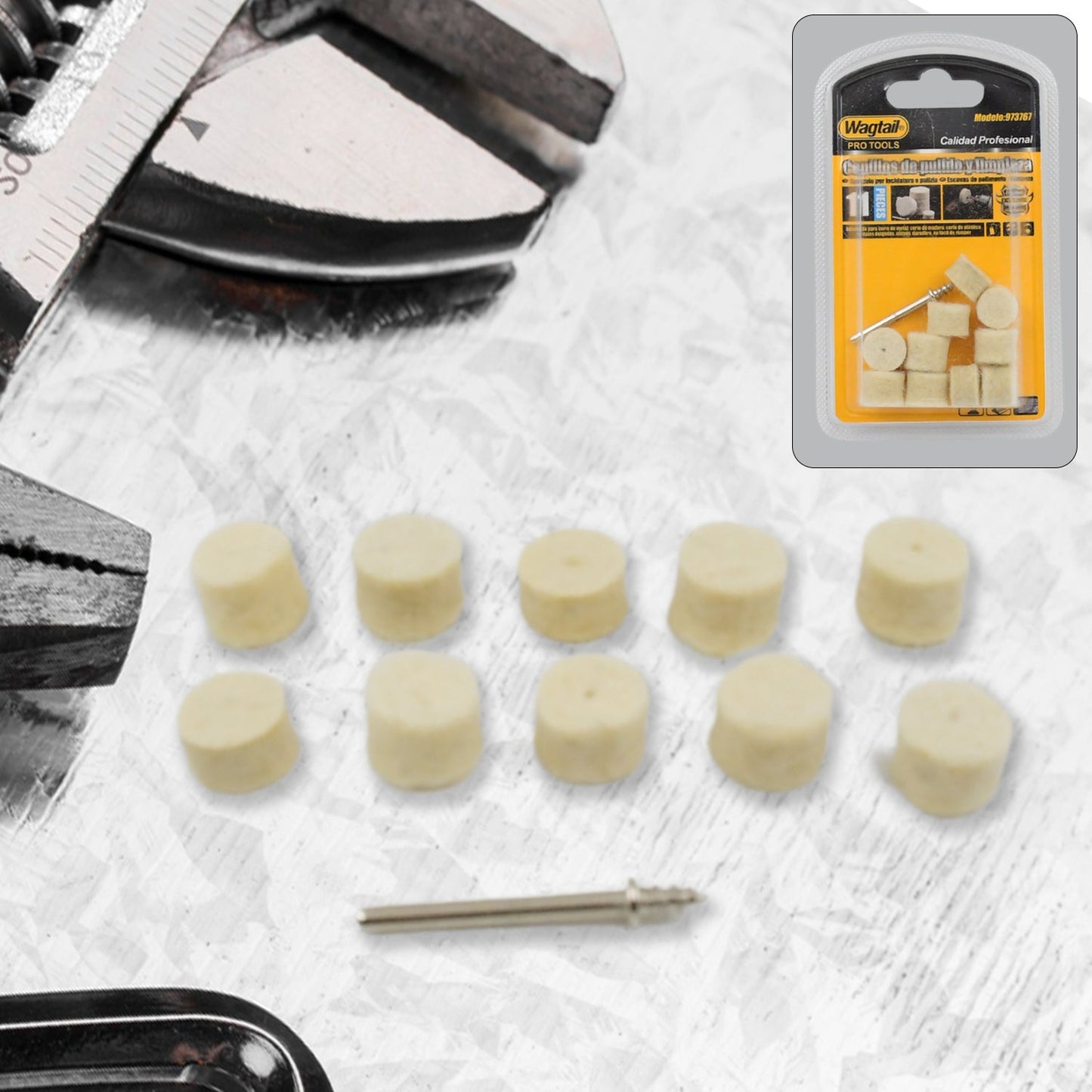 Wool Felt Polishing Pad set for rotary tools, featuring various shapes.